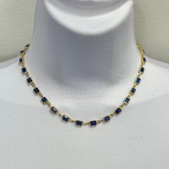 Blue Sapphire Emerald Cut Bezel Prong Links Necklace in 18K Yellow Gold
