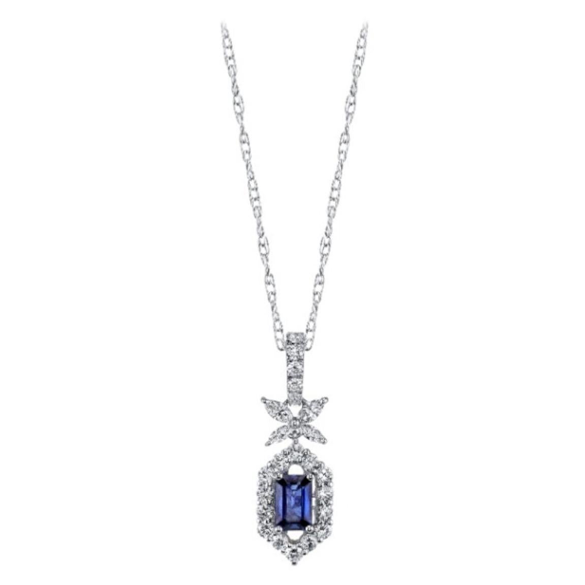 Blue Sapphire and Diamond Halo Pendant in White Gold with White Gold Chain For Sale