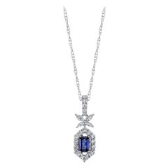 Blue Sapphire Emerald Cut, Diamond Halo White Gold Pendant Necklace with Chain