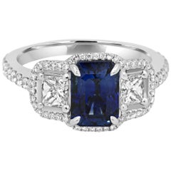 Blue Sapphire White Diamond Halo Three-Stone Bridal Cocktail Fashion Gold Ring