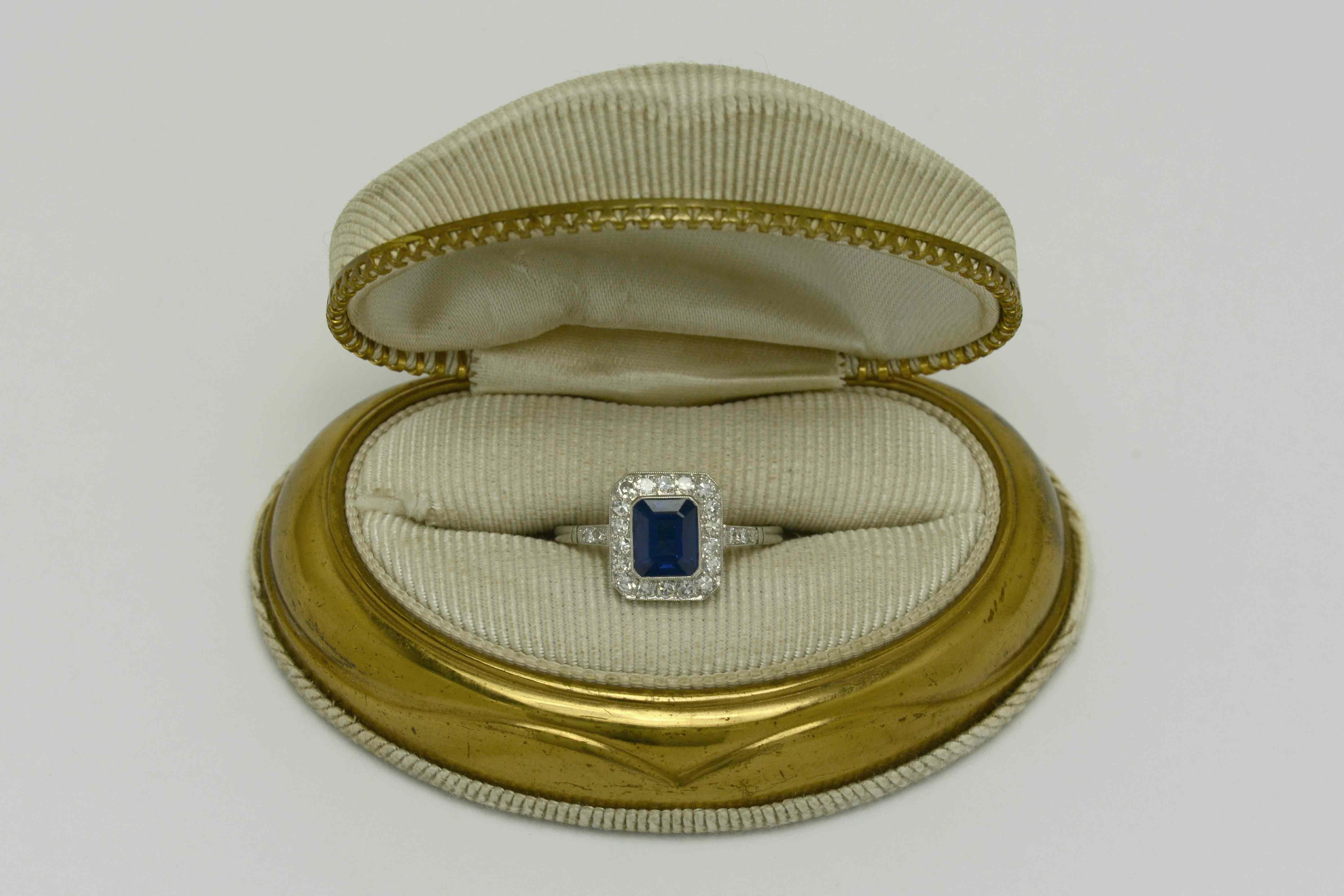 Blue Sapphire Emerald Cut Platinum Art Deco Revival Diamond Halo Engagement Ring 1