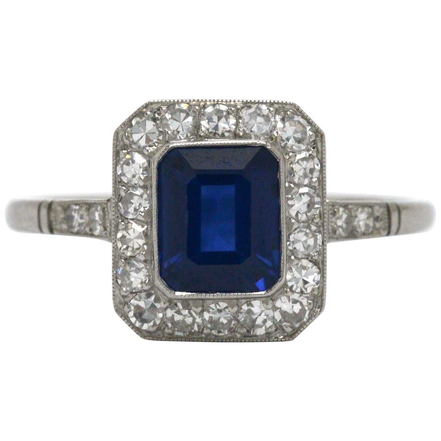 Blue Sapphire Emerald Cut Platinum Art Deco Revival Diamond Halo Engagement Ring