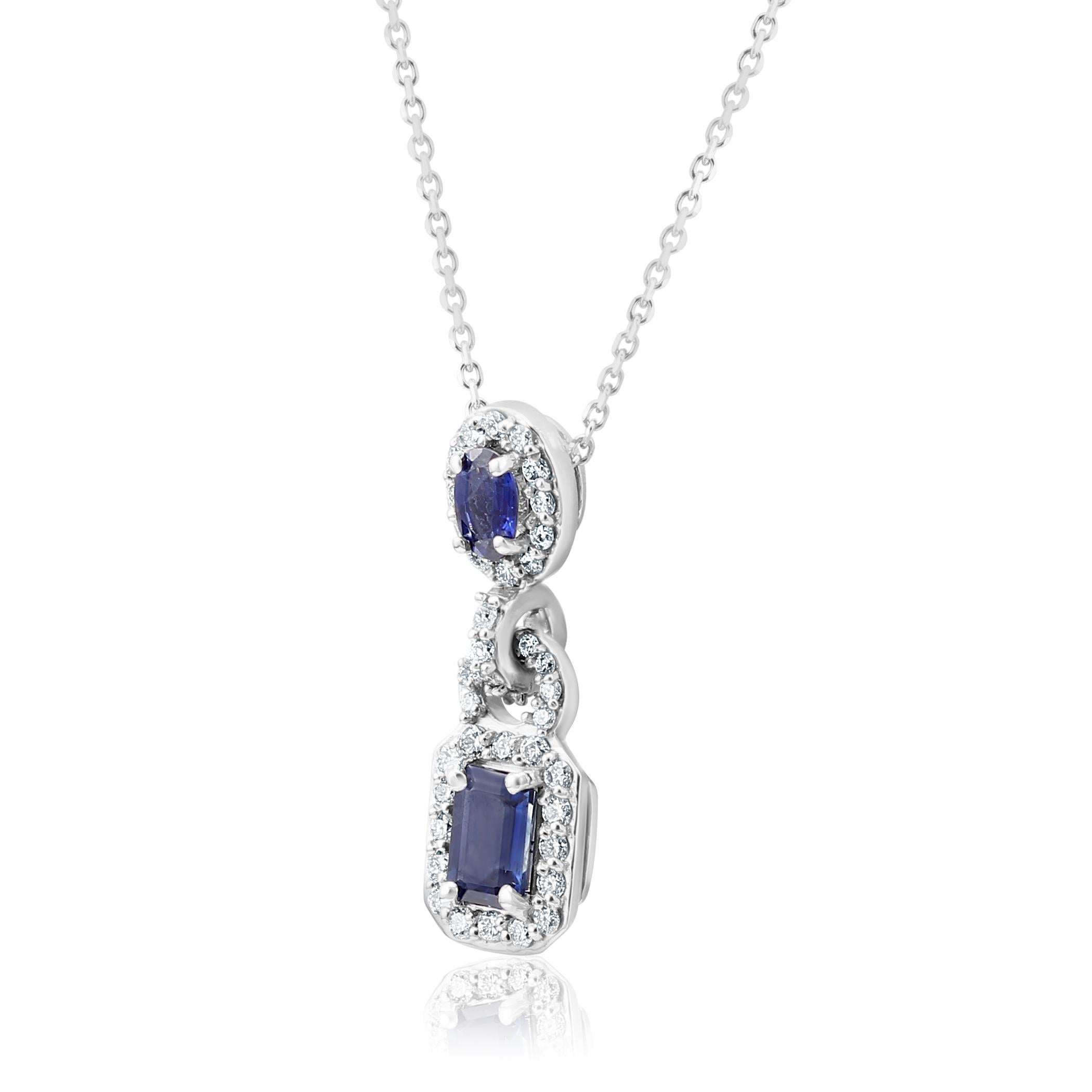 Modern Blue Sapphire Emerald Cut White Diamond Halo Gold Drop Pendant Chain Necklace