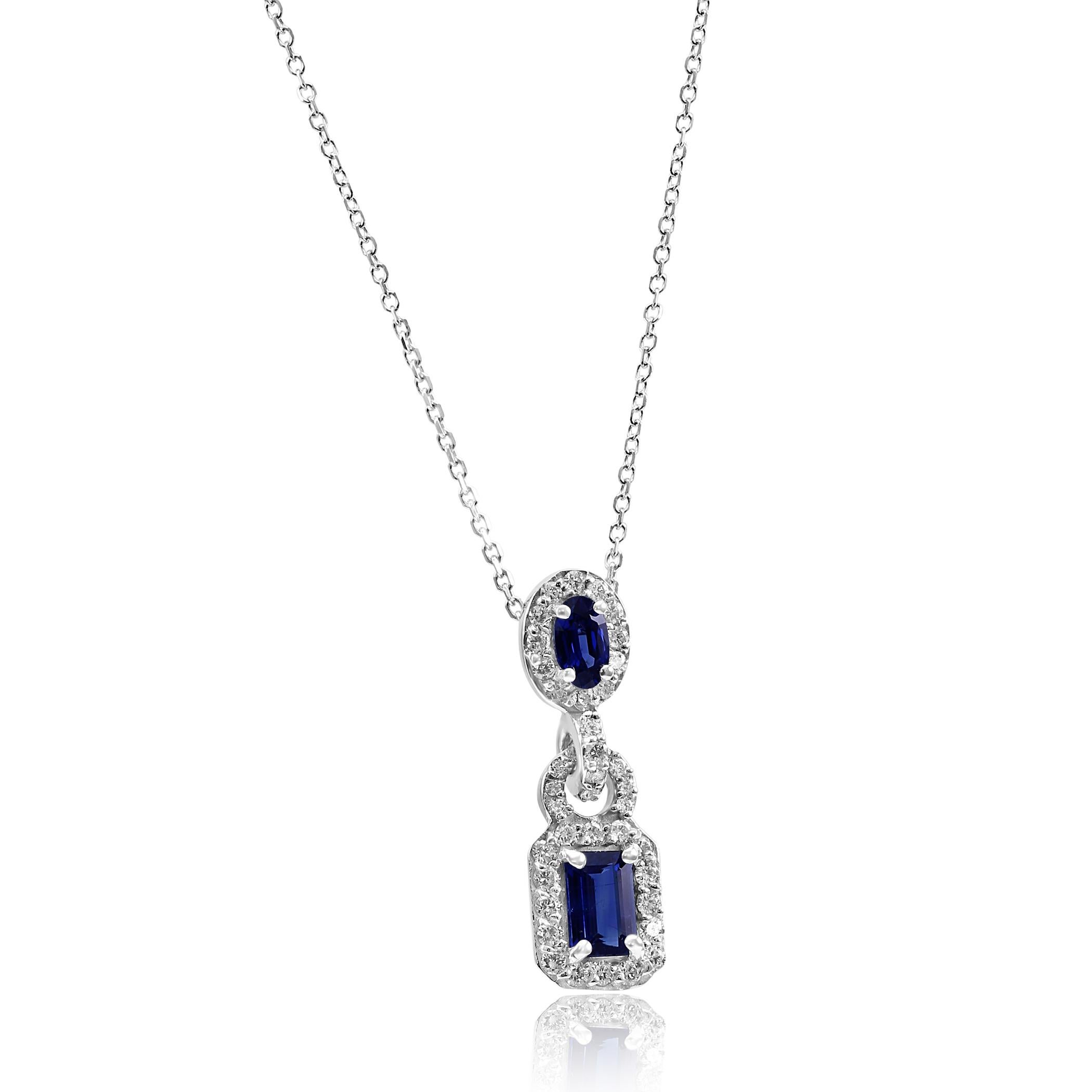 Blue Sapphire Emerald Cut White Diamond Halo Gold Drop Pendant Chain Necklace In New Condition In NEW YORK, NY