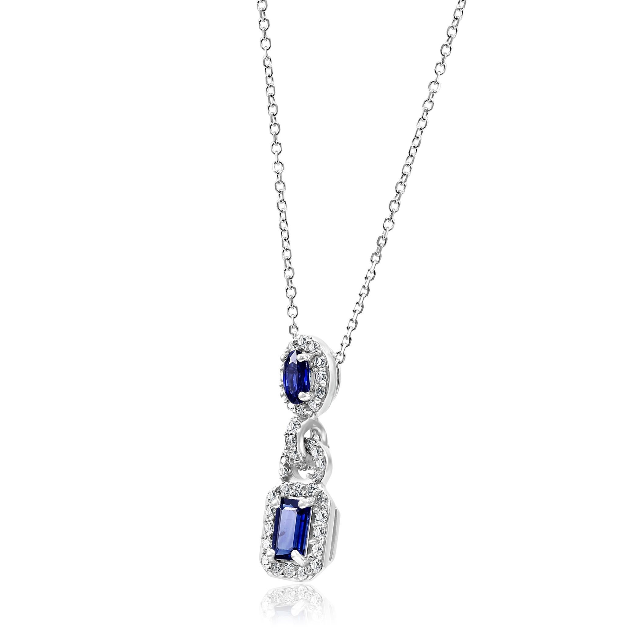 Women's or Men's Blue Sapphire Emerald Cut White Diamond Halo Gold Drop Pendant Chain Necklace