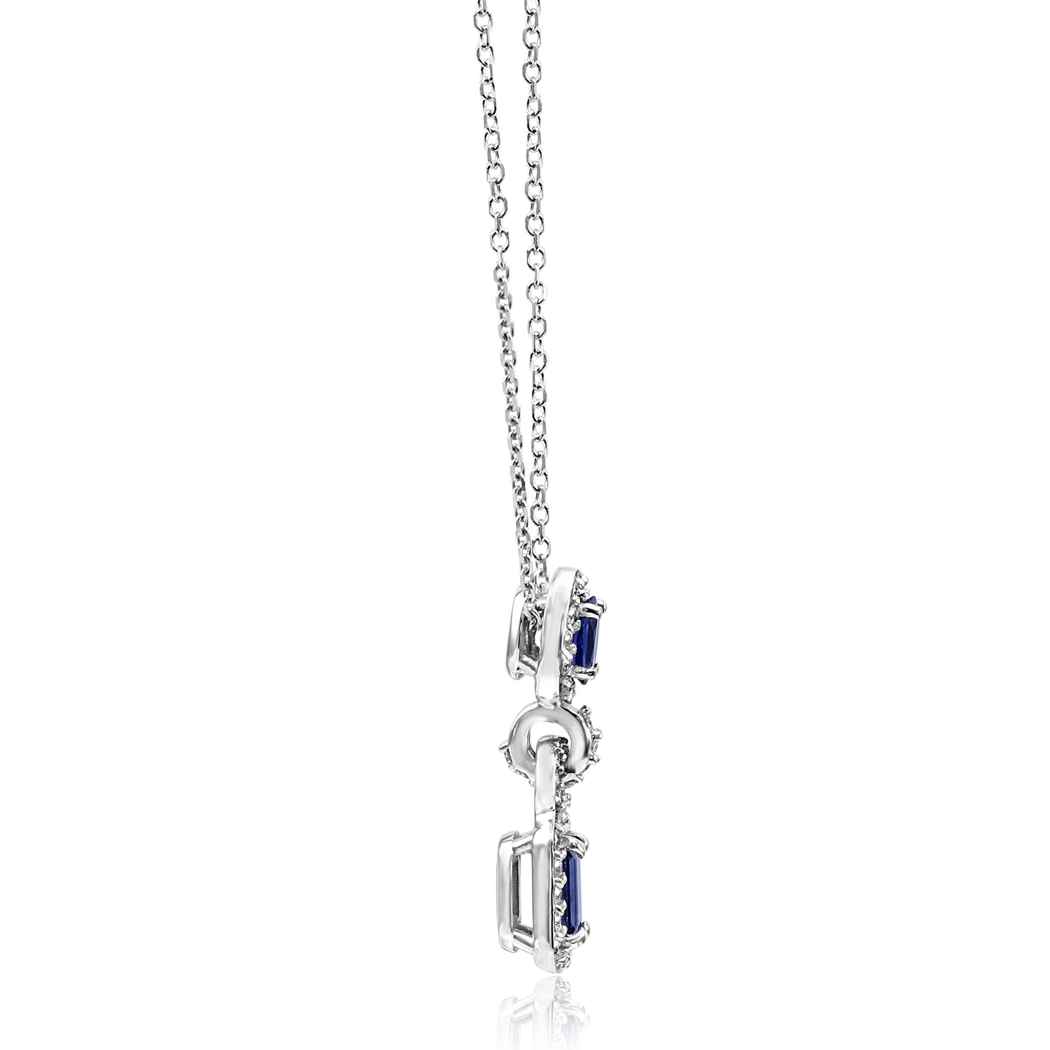 Blue Sapphire Emerald Cut White Diamond Halo Gold Drop Pendant Chain Necklace 1
