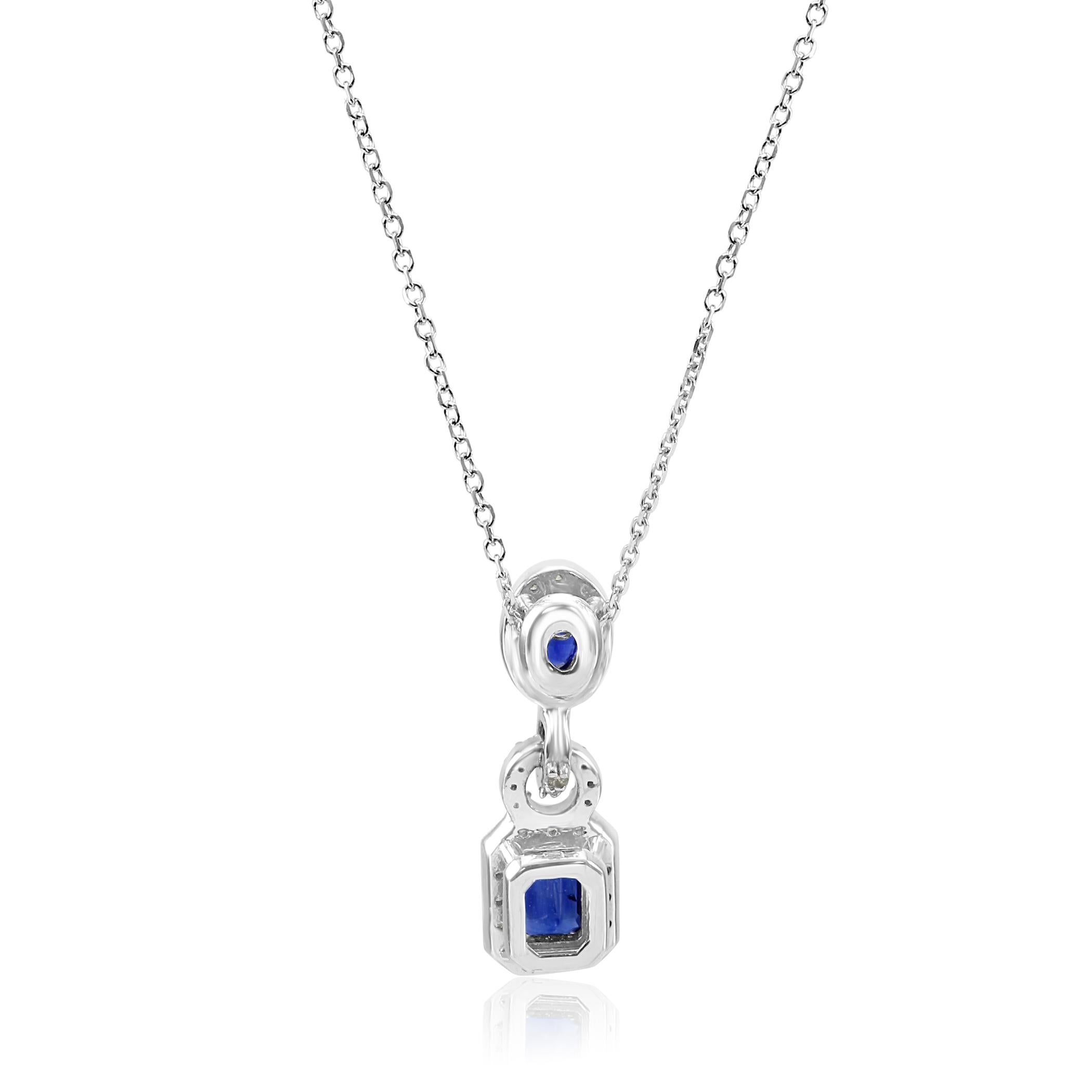 Blue Sapphire Emerald Cut White Diamond Halo Gold Drop Pendant Chain Necklace 2