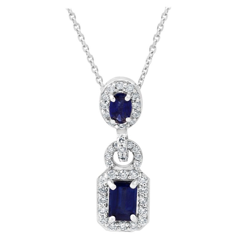 Blue Sapphire Emerald Cut White Diamond Halo Gold Drop Pendant Chain ...