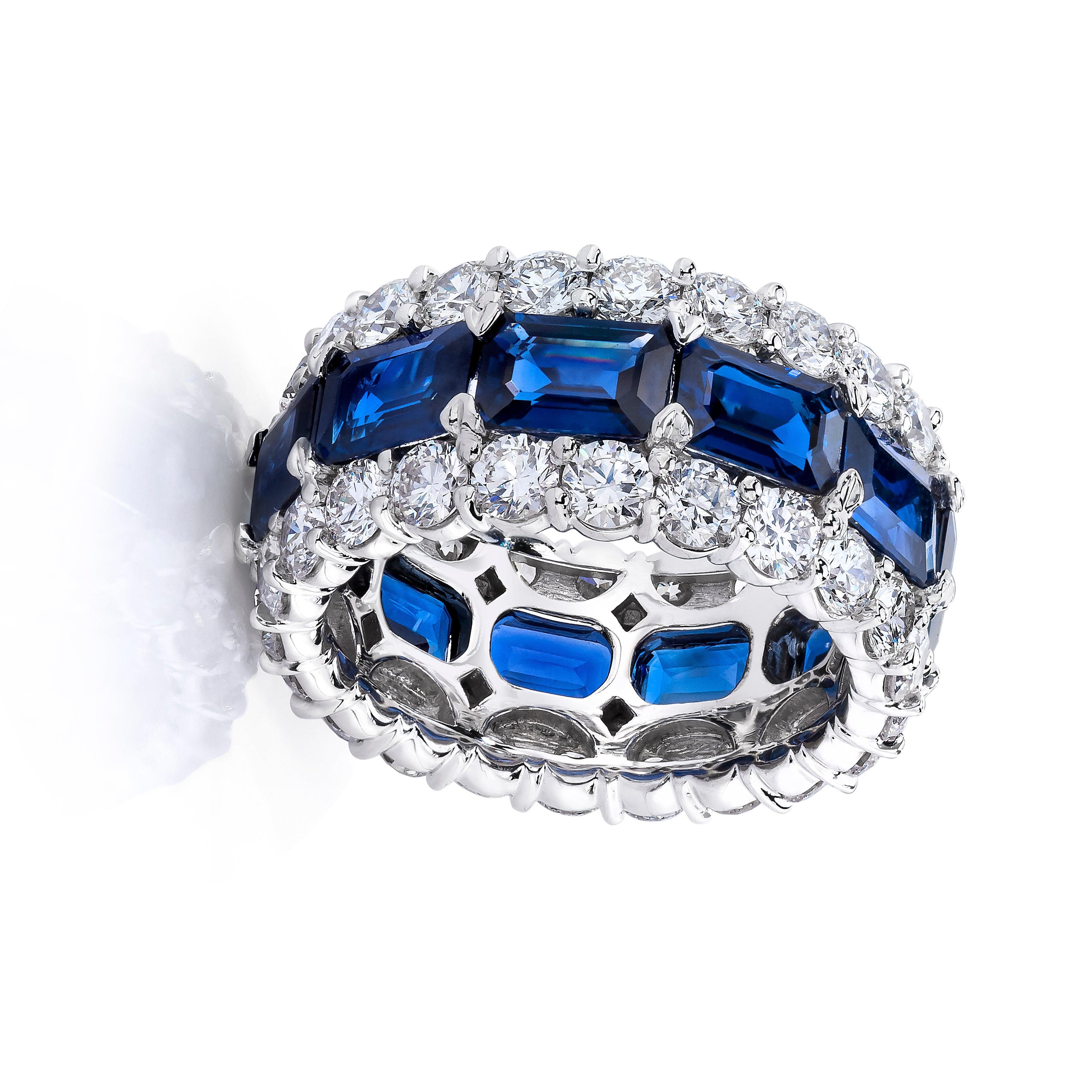 Blue Sapphire Emerald Cuts and Round White Diamond Multi-Row Eternity Band Ring In New Condition For Sale In New York, NY