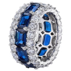 Blue Sapphire Emerald Cuts and Round White Diamond Multi-Row Eternity Band Ring