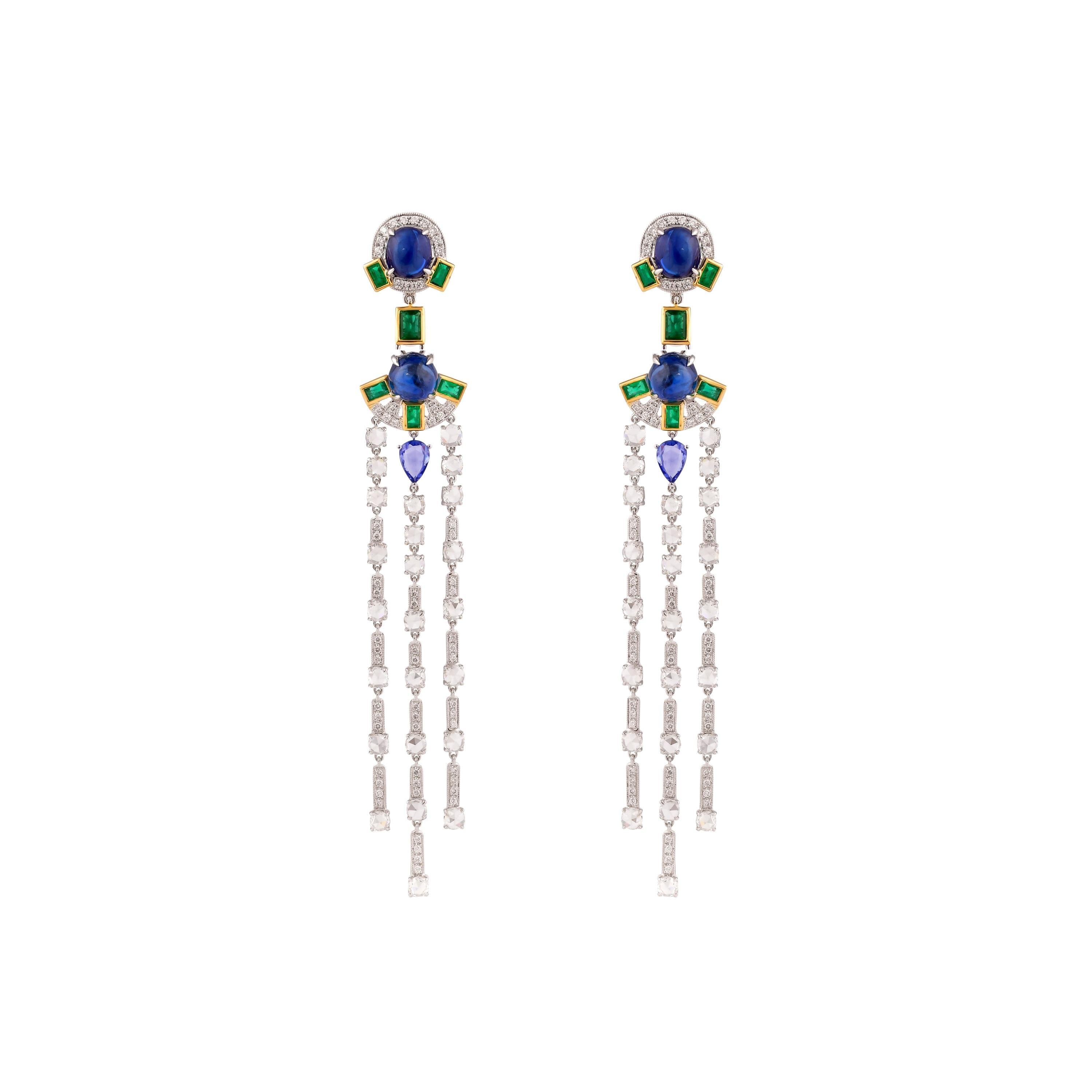 Mixed Cut Blue Sapphire & Emerald Dangle Earrings with Diamond in 18 Karat White Gold For Sale