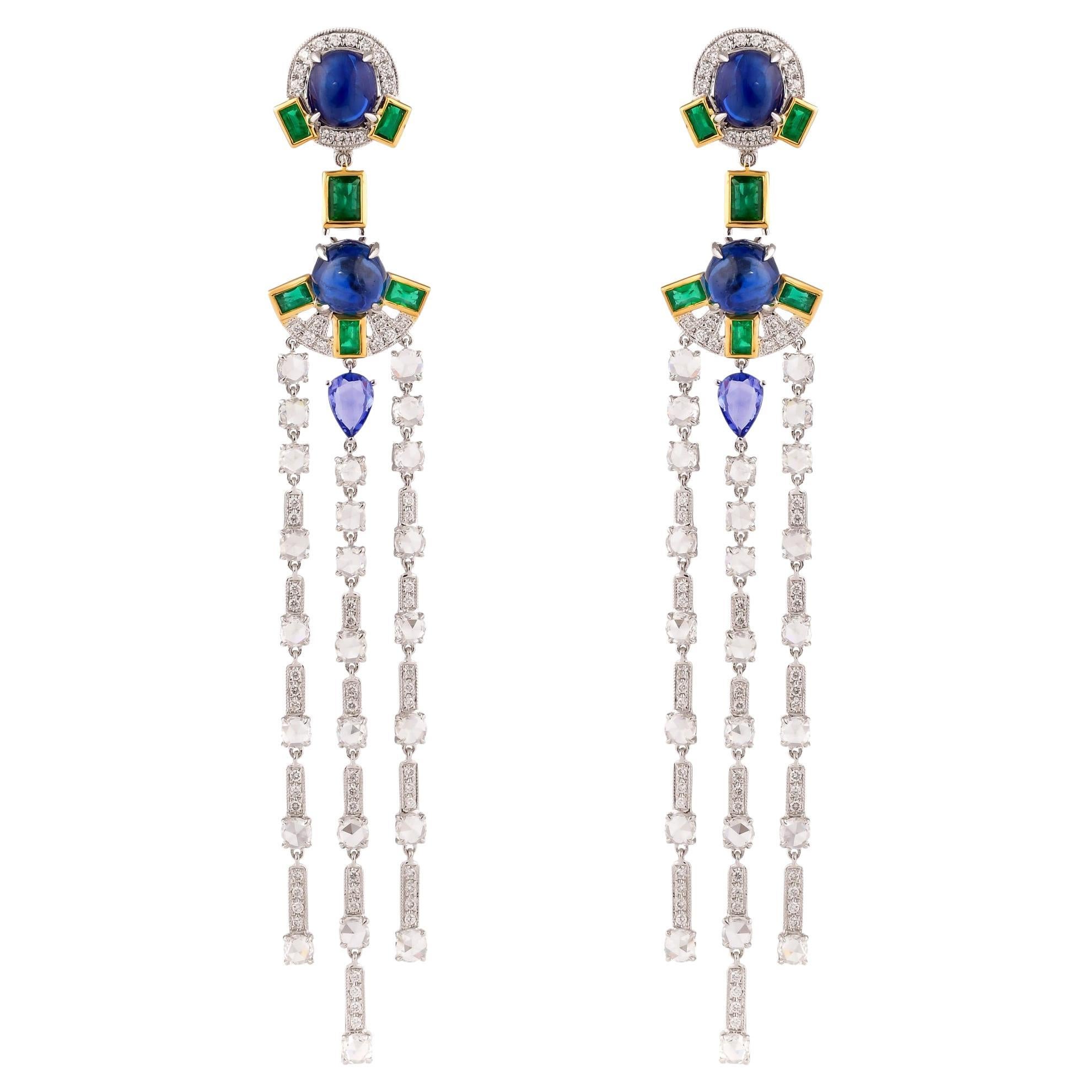 Blue Sapphire & Emerald Dangle Earrings with Diamond in 18 Karat White Gold