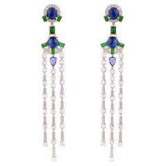 Blue Sapphire & Emerald Dangle Earrings with Diamond in 18 Karat White Gold