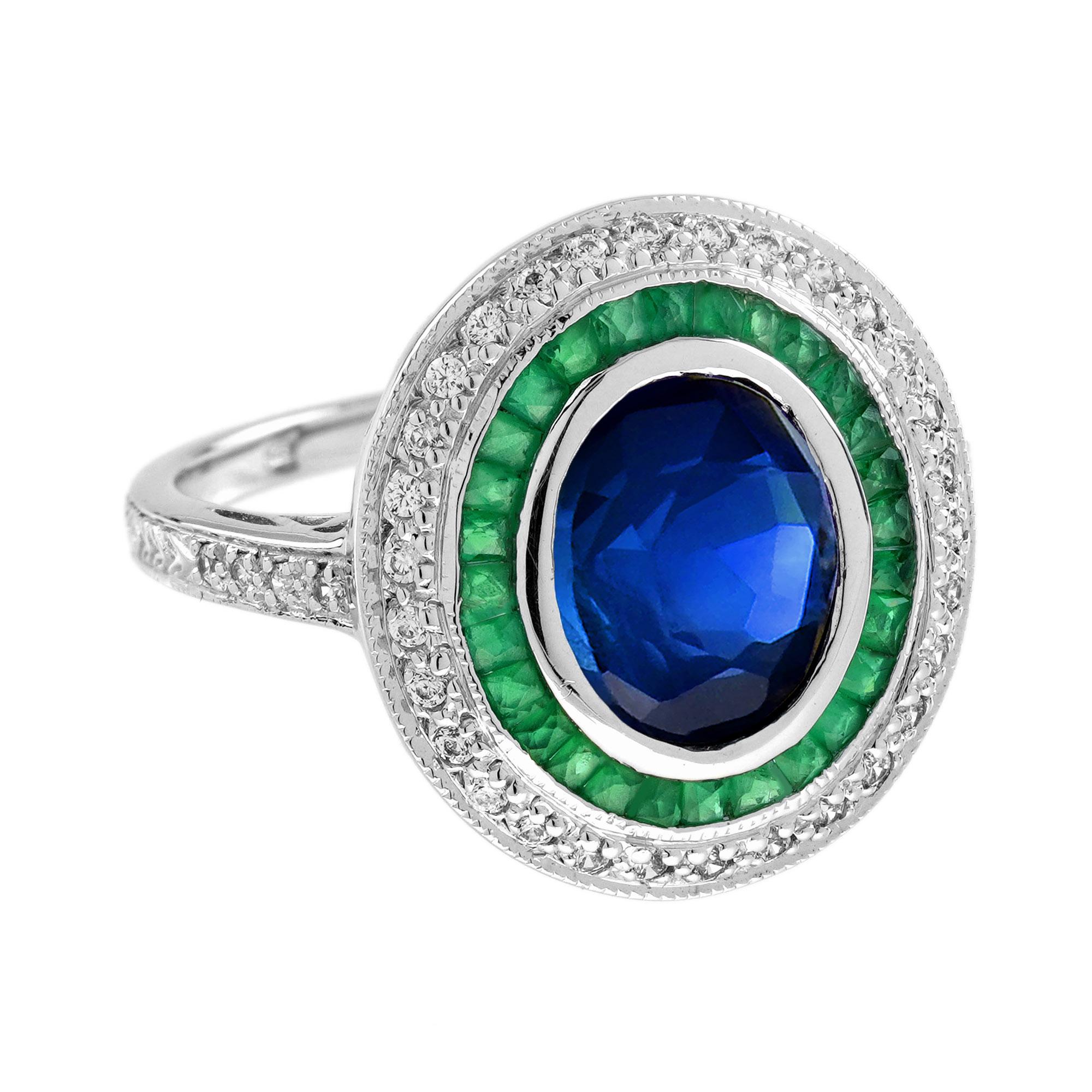 Taille ovale Bague de fiançailles en or blanc 18 carats, saphir bleu, émeraude et diamant de style Art déco en vente