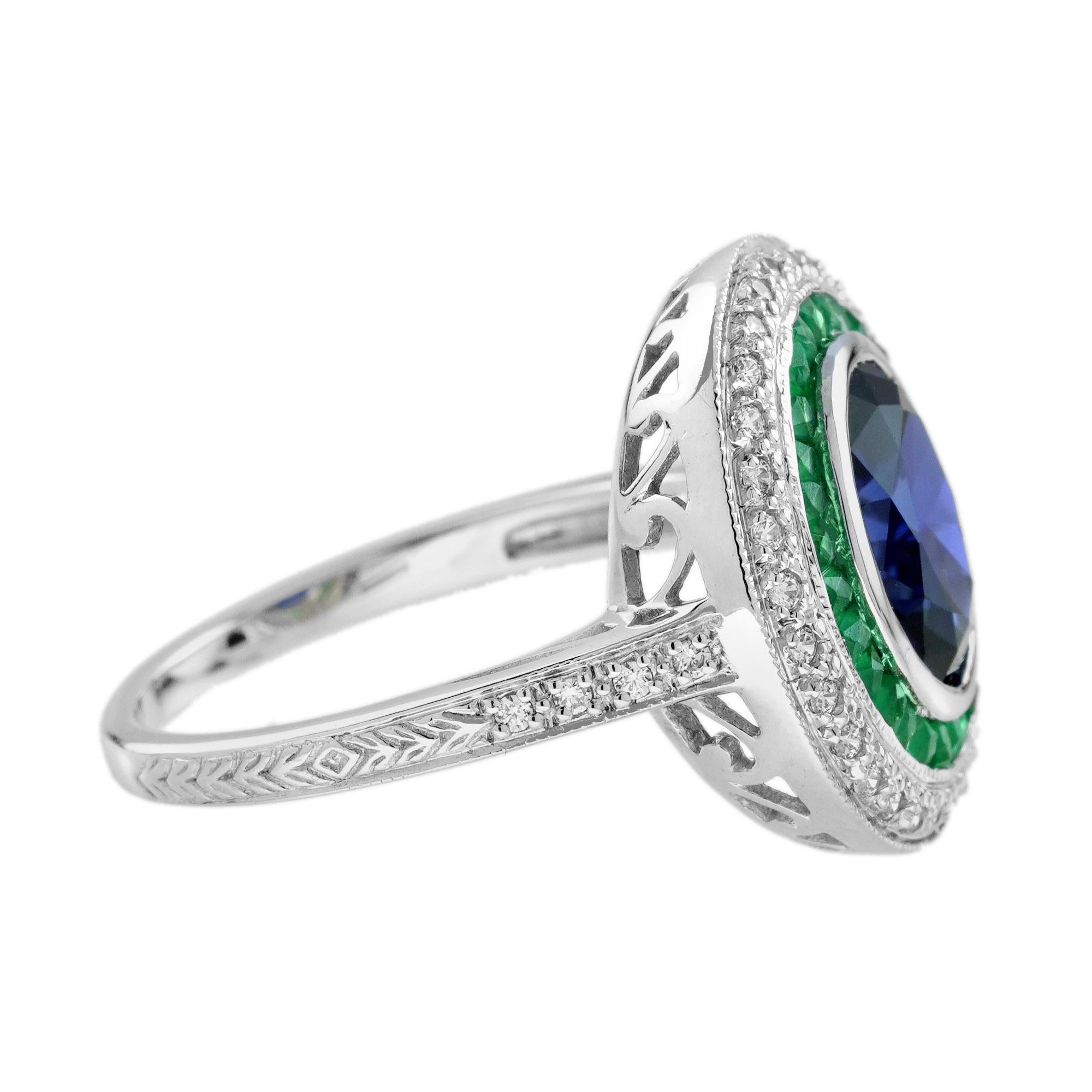 Blue Sapphire Emerald Diamond Art Deco Style Engagement Ring in 18K White Gold In New Condition For Sale In Bangkok, TH