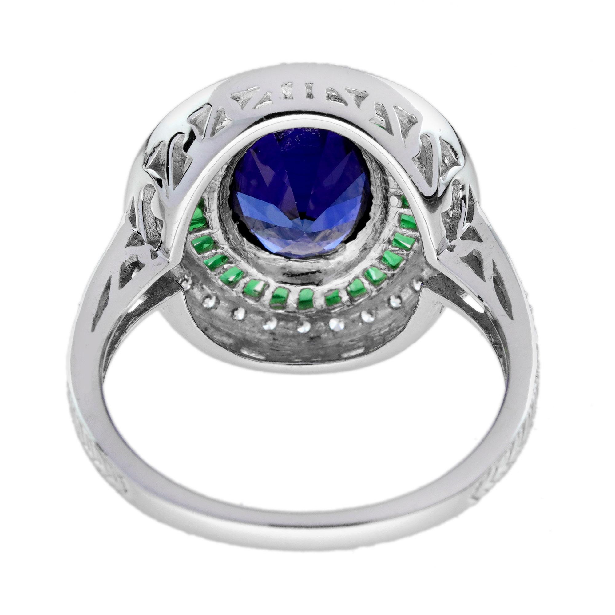 Women's Blue Sapphire Emerald Diamond Art Deco Style Engagement Ring in 18K White Gold For Sale
