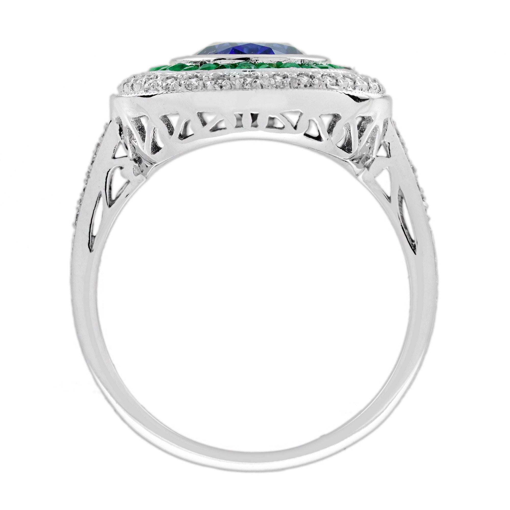 Blue Sapphire Emerald Diamond Art Deco Style Engagement Ring in 18K White Gold For Sale 1