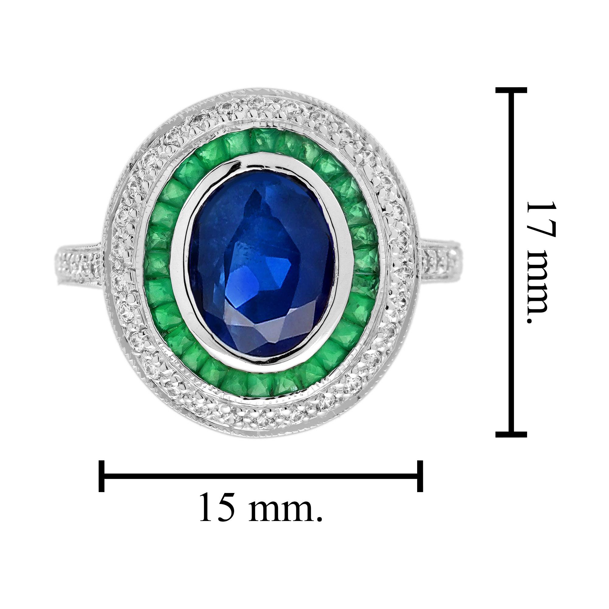 Blue Sapphire Emerald Diamond Art Deco Style Engagement Ring in 18K White Gold For Sale 2