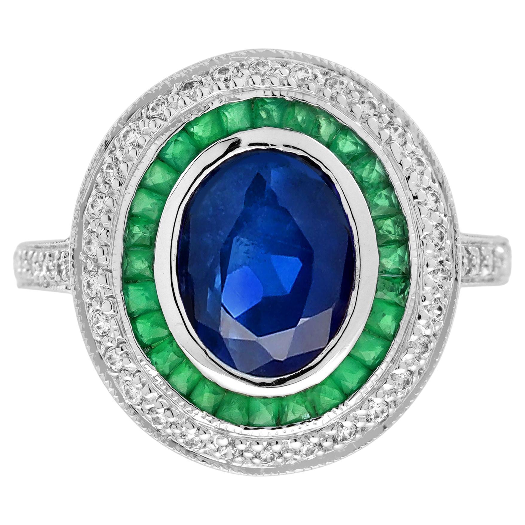 Blue Sapphire Emerald Diamond Art Deco Style Engagement Ring in 18K White Gold For Sale