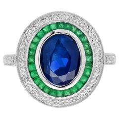 Blue Sapphire Emerald Diamond Art Deco Style Engagement Ring in 18K White Gold