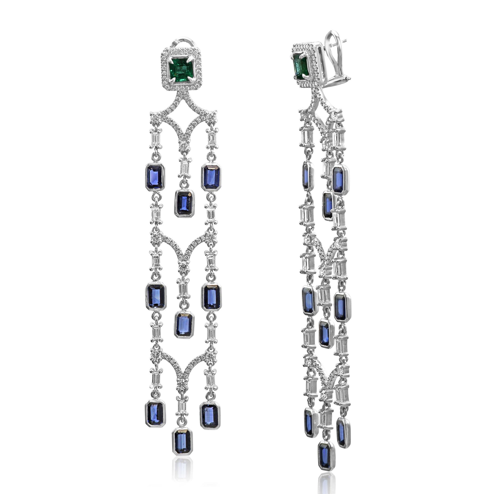Contemporary Blue Sapphire Emerald Diamond Halo Gold Dangle Drop Chandelier Clip-On Earring