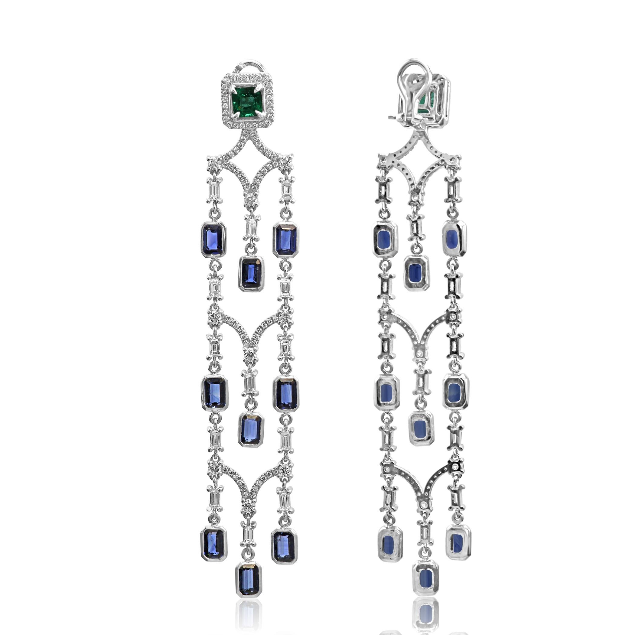 Emerald Cut Blue Sapphire Emerald Diamond Halo Gold Dangle Drop Chandelier Clip-On Earring