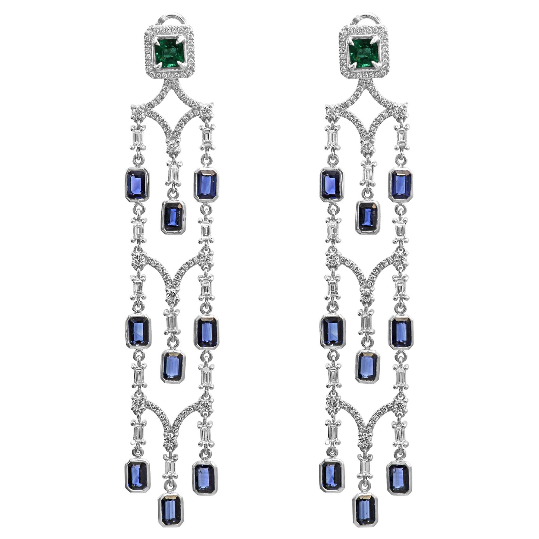 Blue Sapphire Emerald Diamond Halo Gold Dangle Drop Chandelier Clip-On Earring