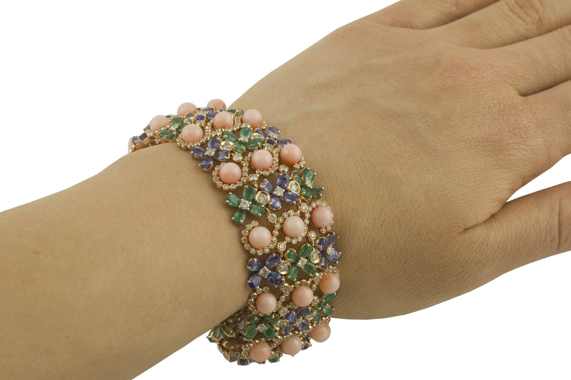 Blue Sapphire Emerald Diamond Coral Gold Flower Bracelet 4