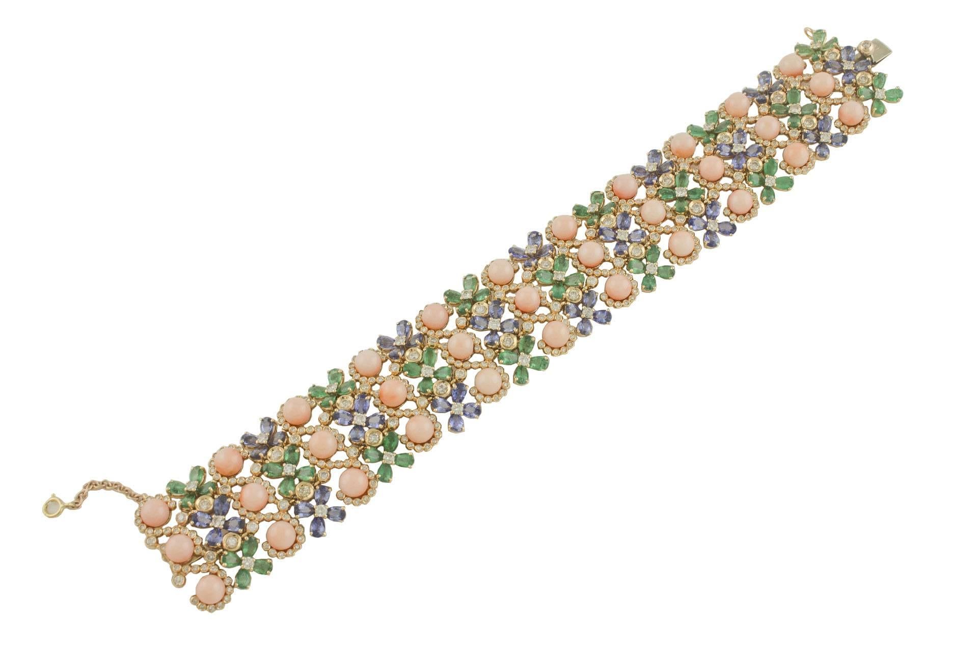 Mixed Cut Blue Sapphire Emerald Diamond Coral Gold Flower Bracelet