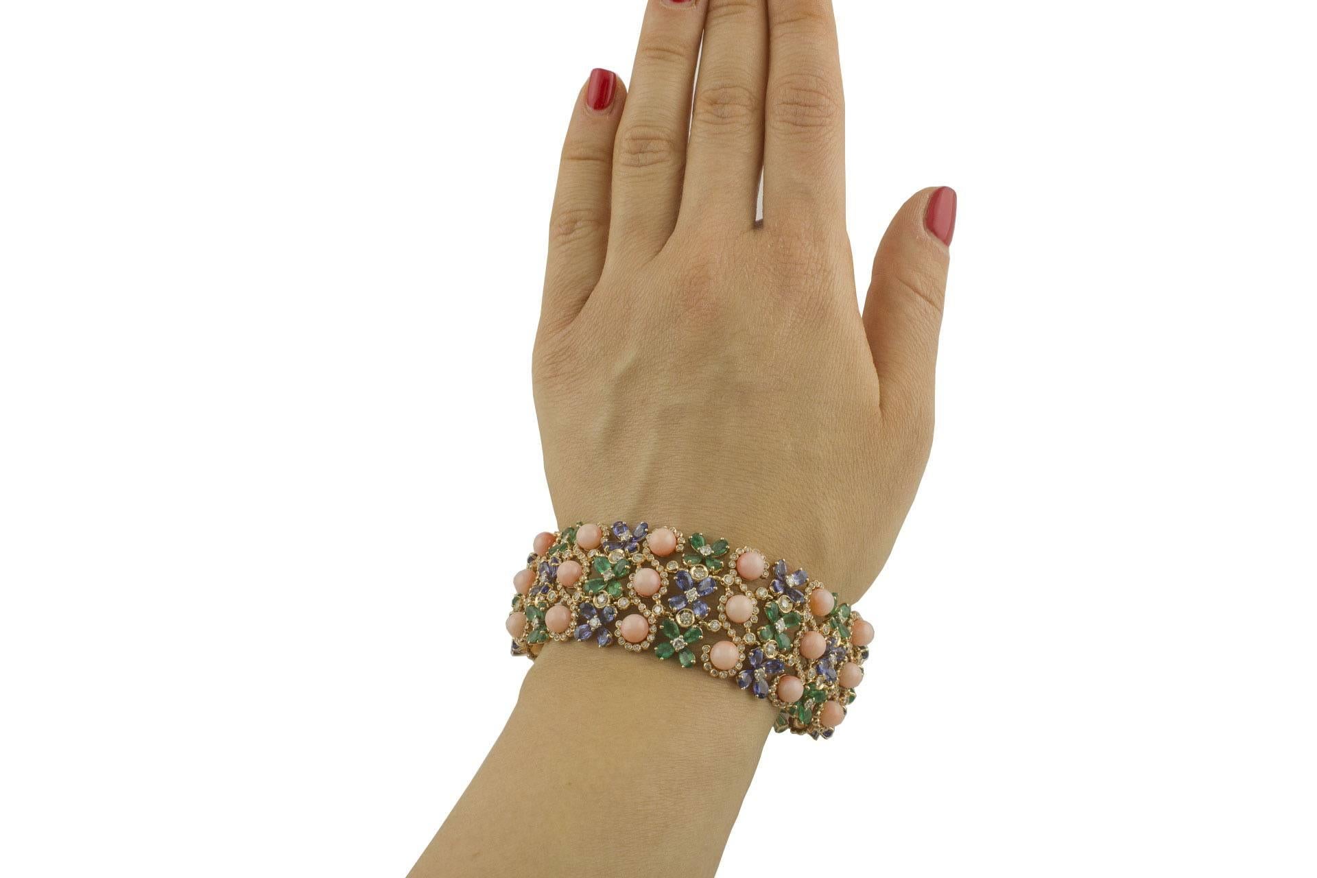 Blue Sapphire Emerald Diamond Coral Gold Flower Bracelet 2