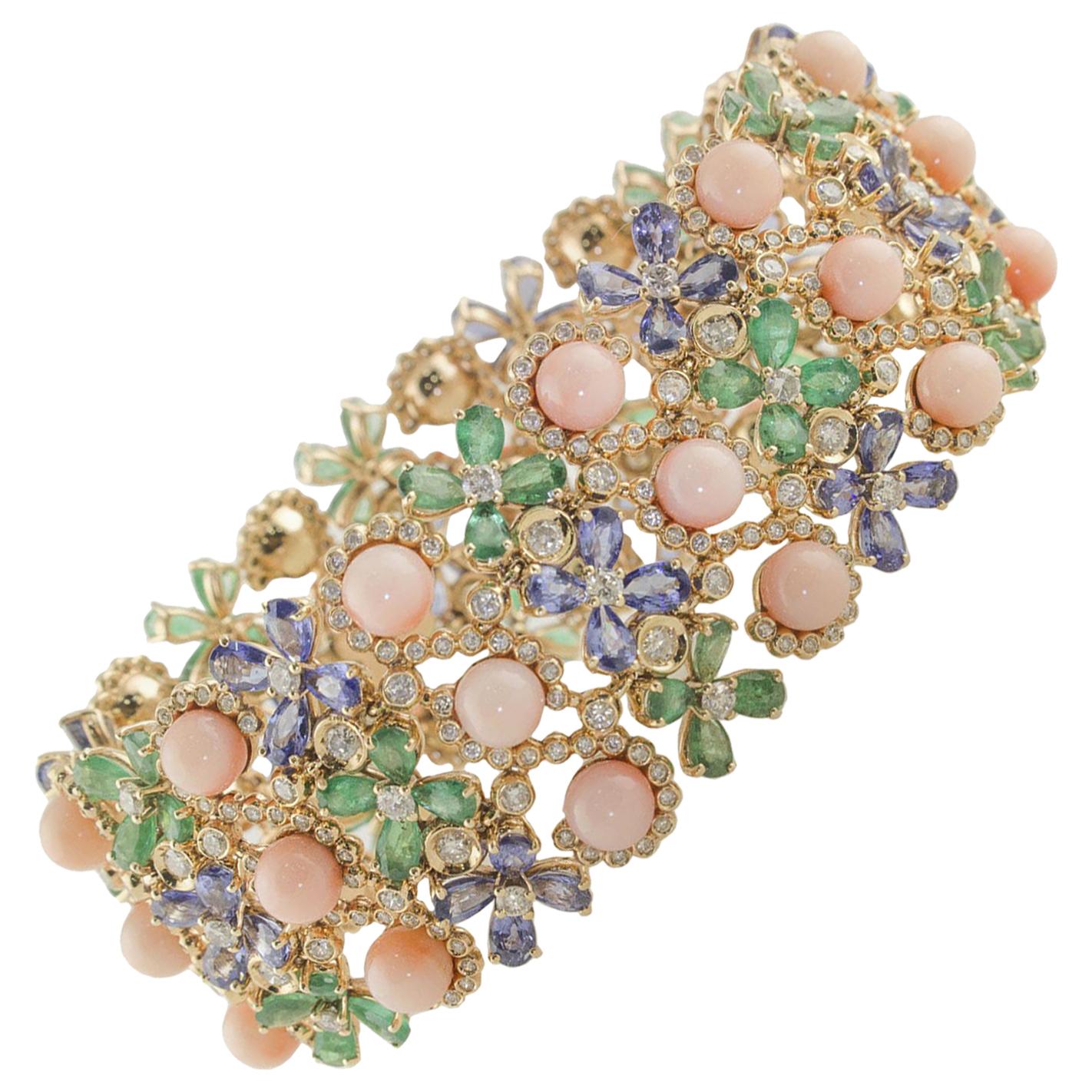 Blue Sapphire Emerald Diamond Coral Gold Flower Bracelet