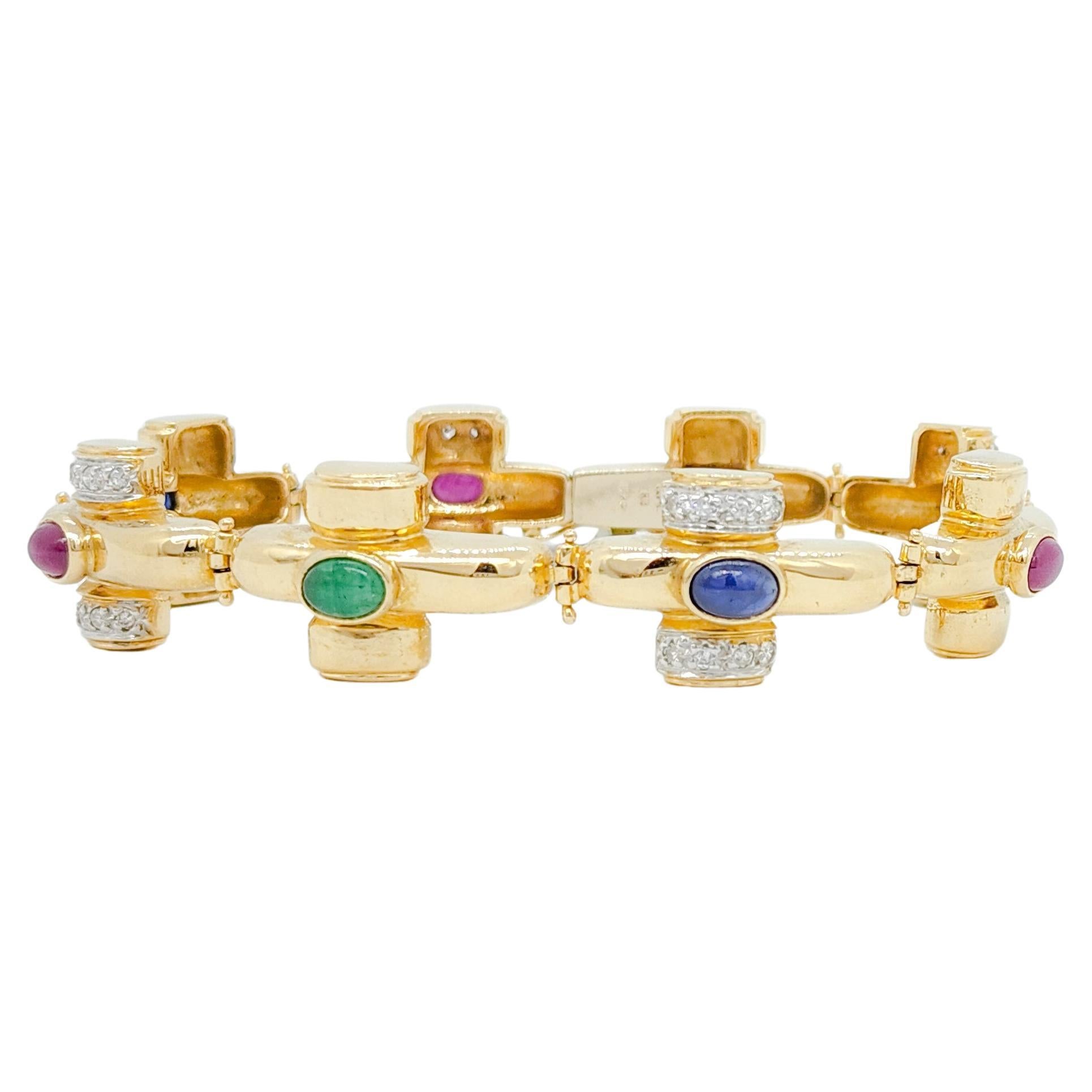 Blue Sapphire, Emerald, Ruby and Diamond Bracelet in 14k Yellow Gold