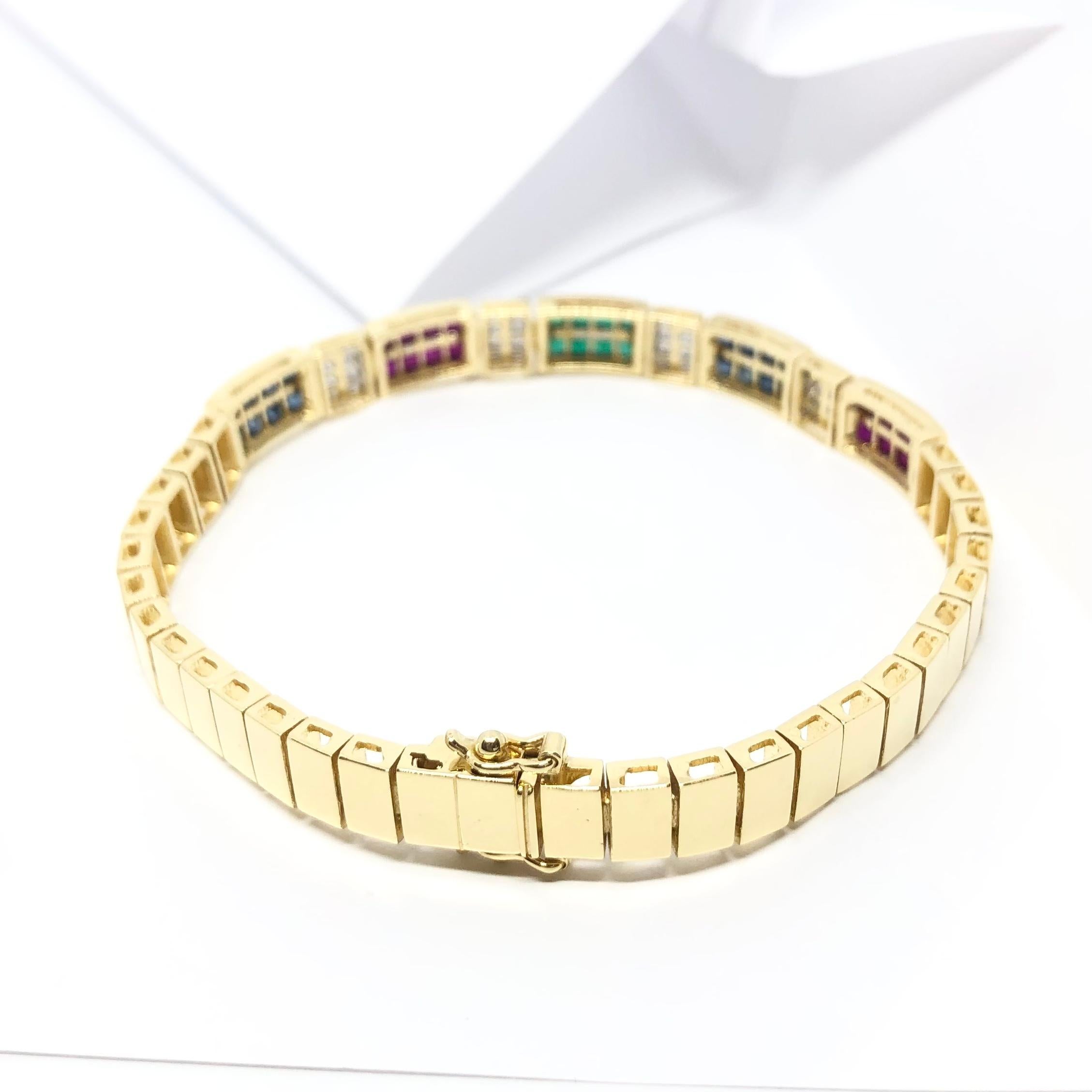 Blue Sapphire, Emerald, Ruby and Diamond Bracelet Set in 18 Karat Gold Settings For Sale 4