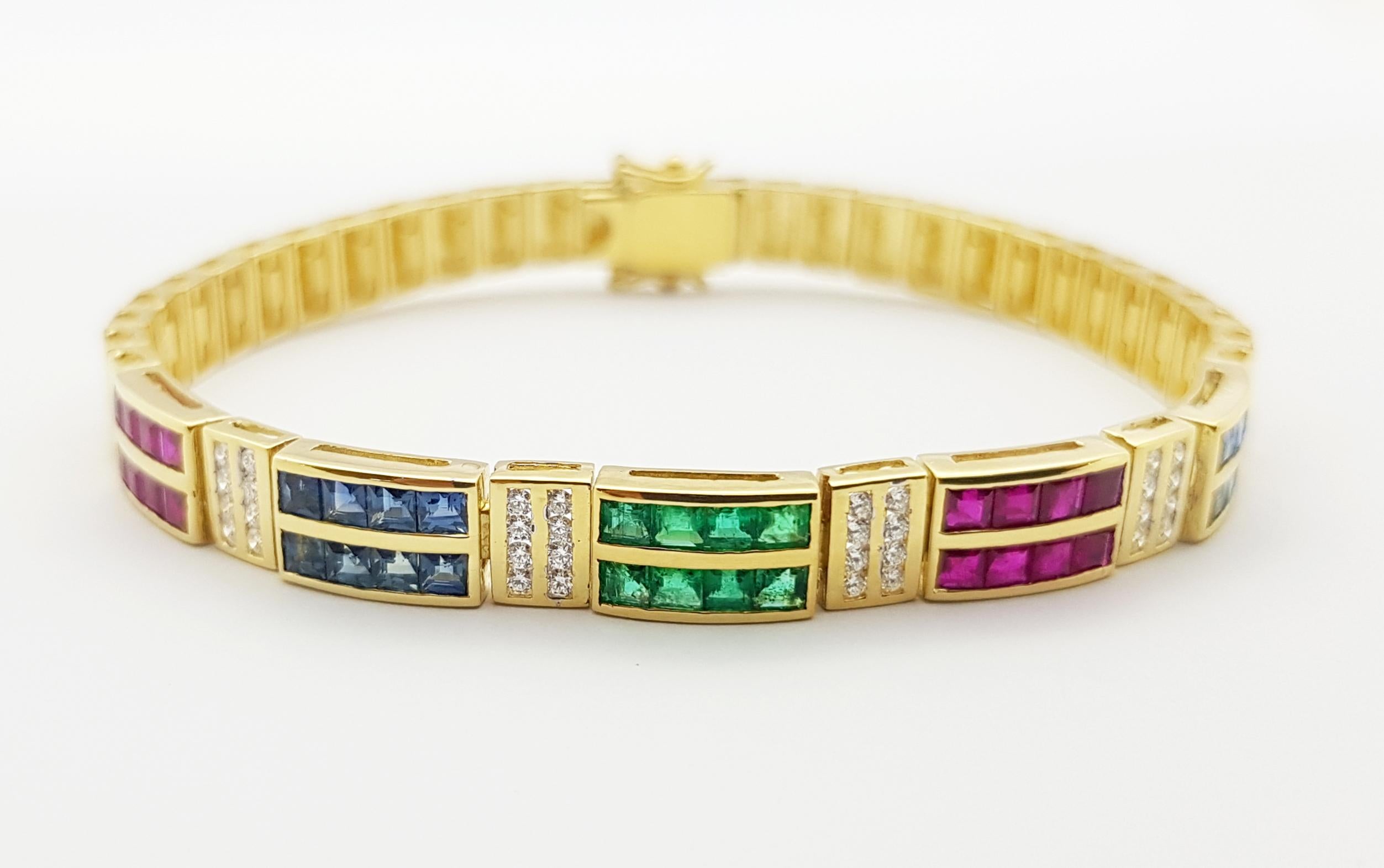 Blue Sapphire, Emerald, Ruby and Diamond Bracelet Set in 18 Karat Gold Settings For Sale 5