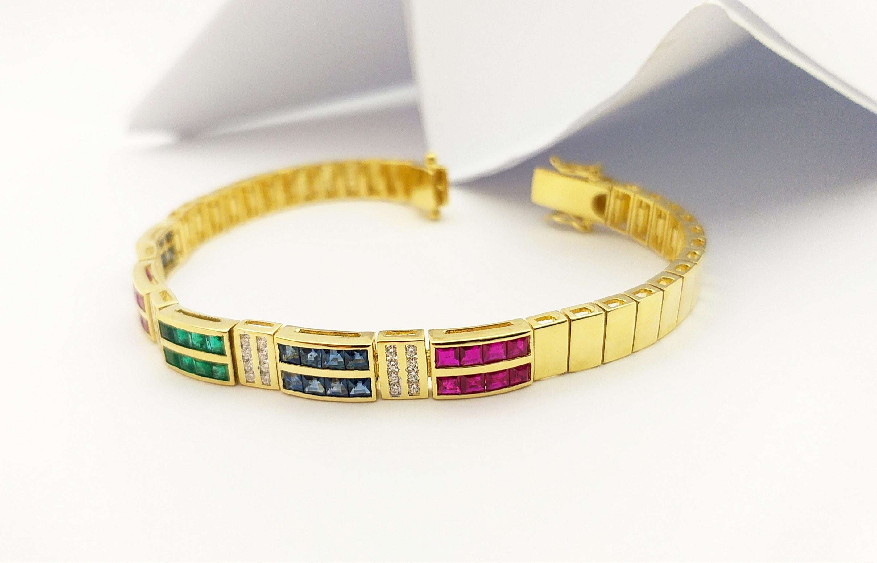 Blue Sapphire, Emerald, Ruby and Diamond Bracelet Set in 18 Karat Gold Settings For Sale 6