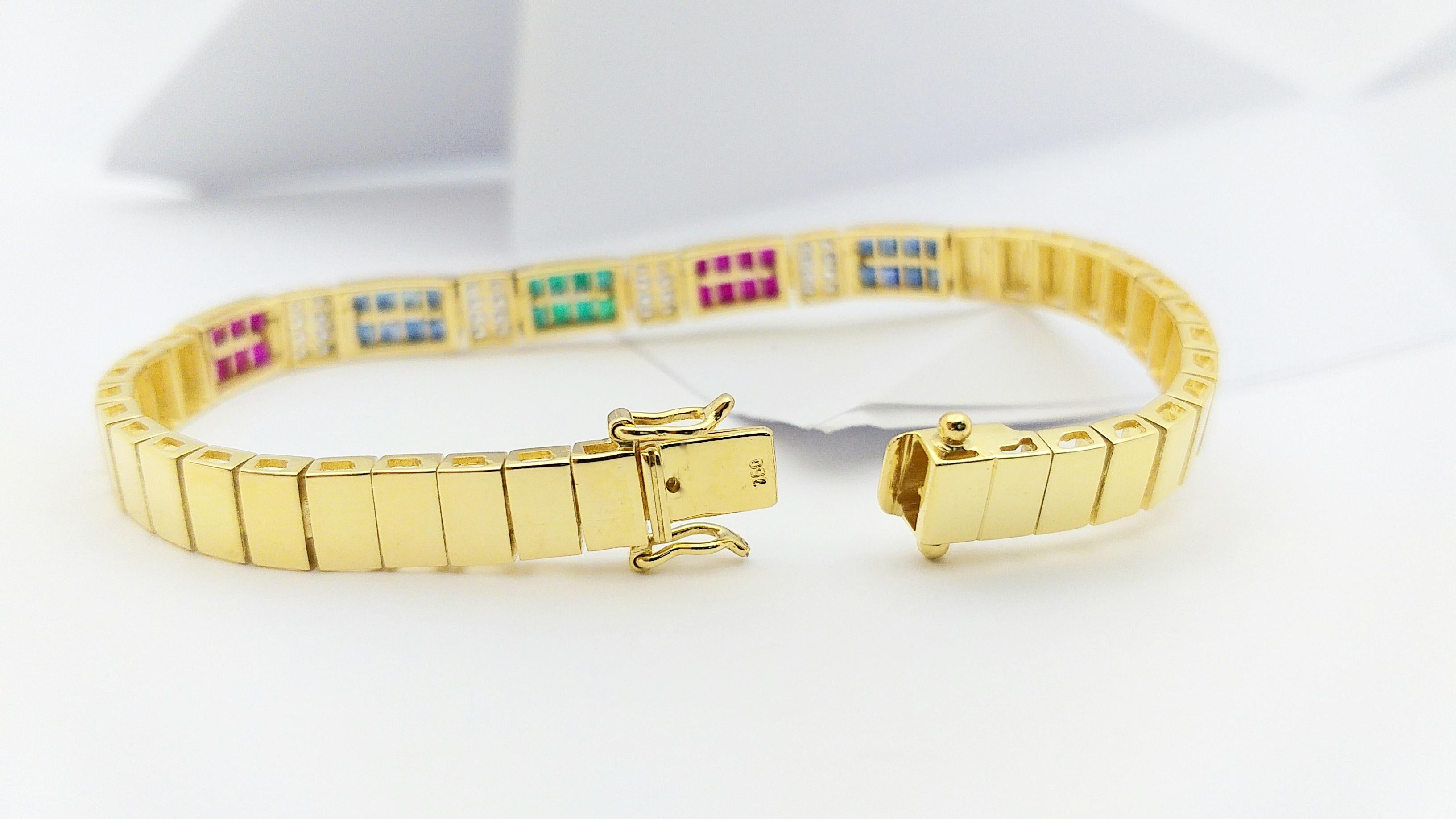Blue Sapphire, Emerald, Ruby and Diamond Bracelet Set in 18 Karat Gold Settings For Sale 7