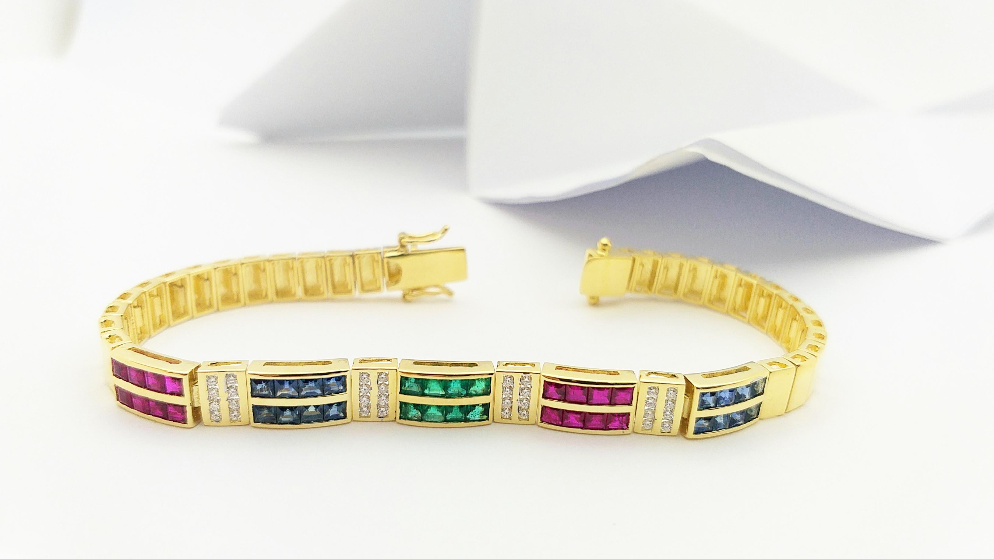 Blue Sapphire, Emerald, Ruby and Diamond Bracelet Set in 18 Karat Gold Settings For Sale 9