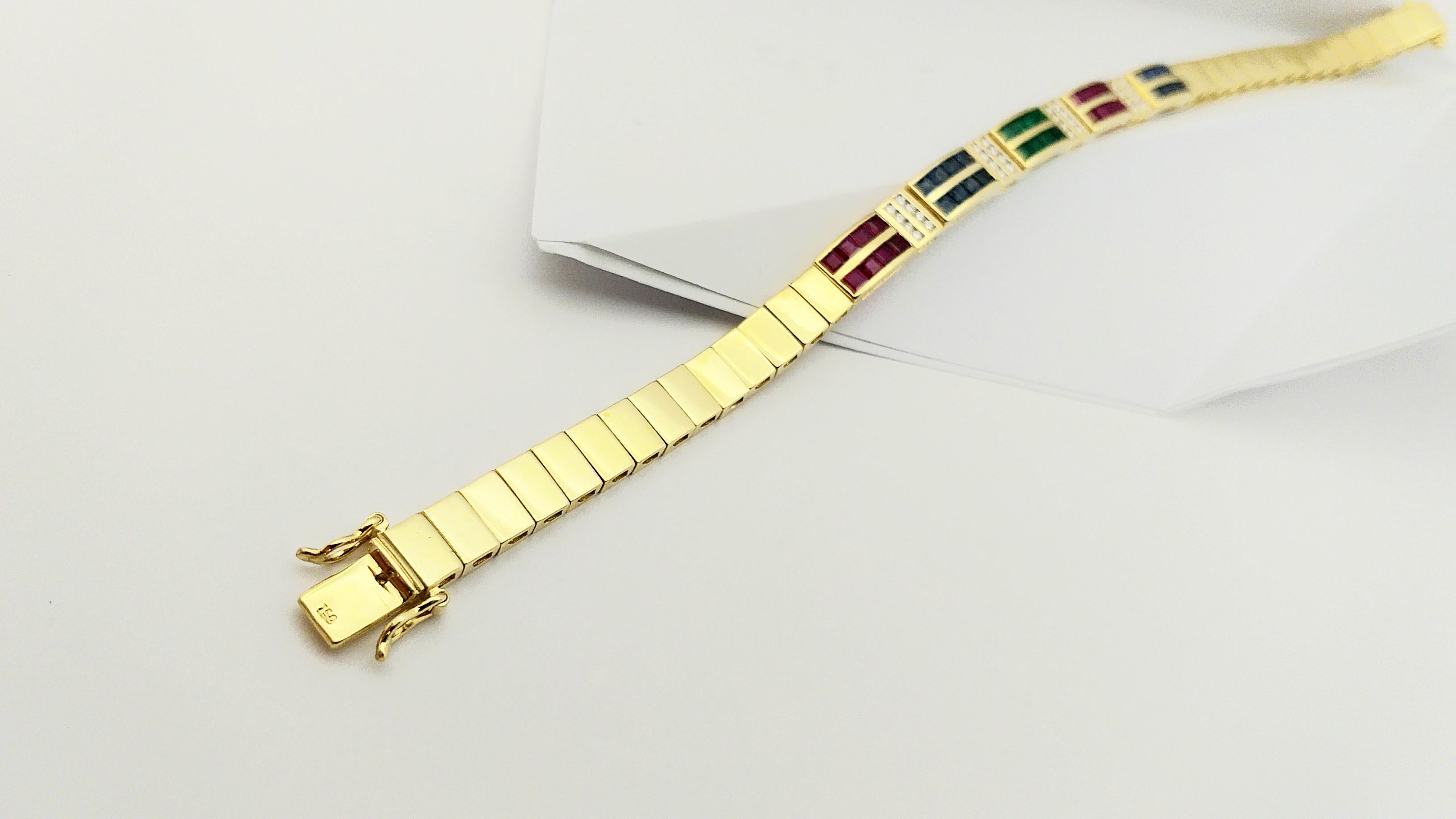 Blue Sapphire, Emerald, Ruby and Diamond Bracelet Set in 18 Karat Gold Settings For Sale 10