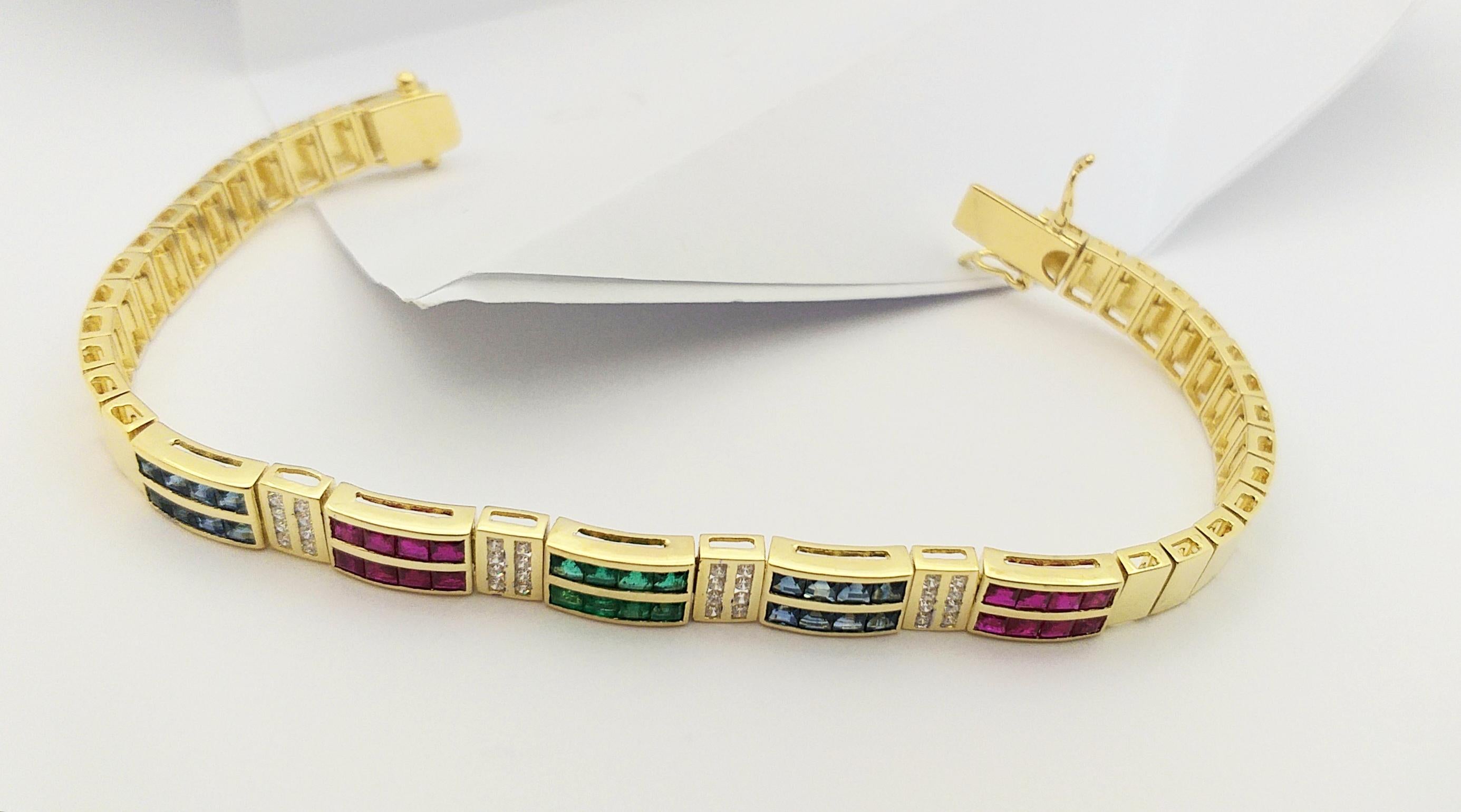 Blue Sapphire, Emerald, Ruby and Diamond Bracelet Set in 18 Karat Gold Settings For Sale 11