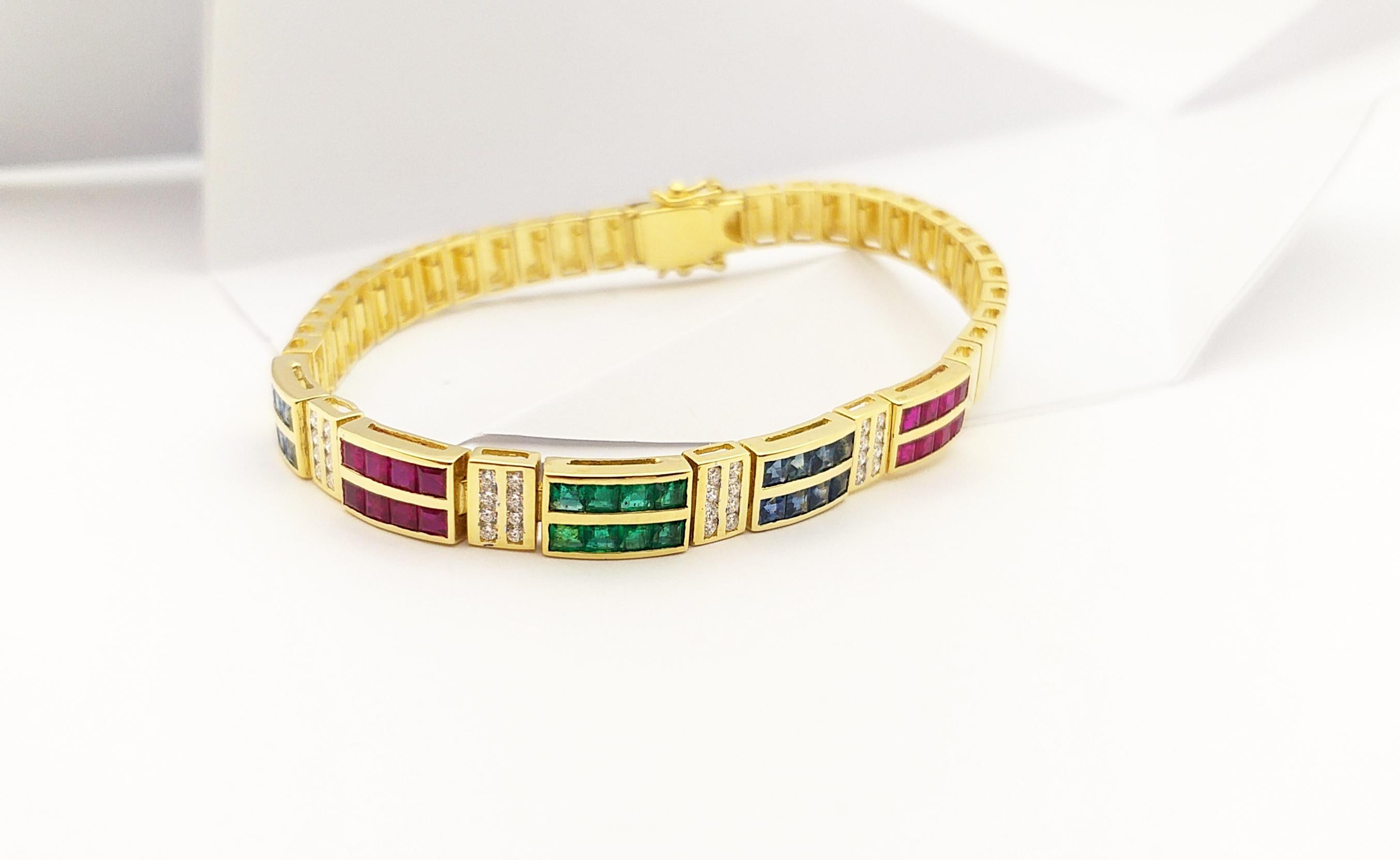 Blue Sapphire, Emerald, Ruby and Diamond Bracelet Set in 18 Karat Gold Settings For Sale 12