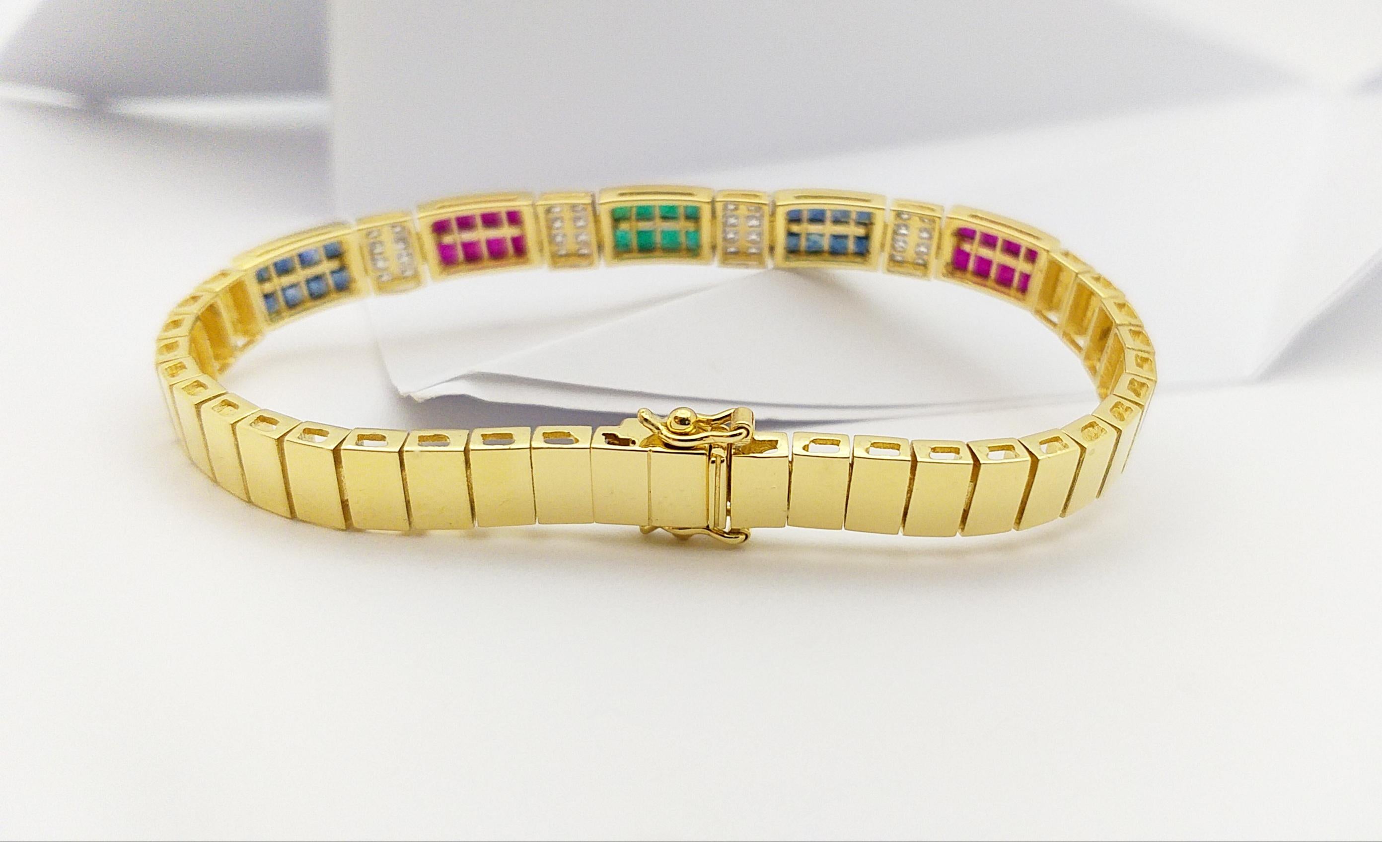 Blue Sapphire, Emerald, Ruby and Diamond Bracelet Set in 18 Karat Gold Settings For Sale 13