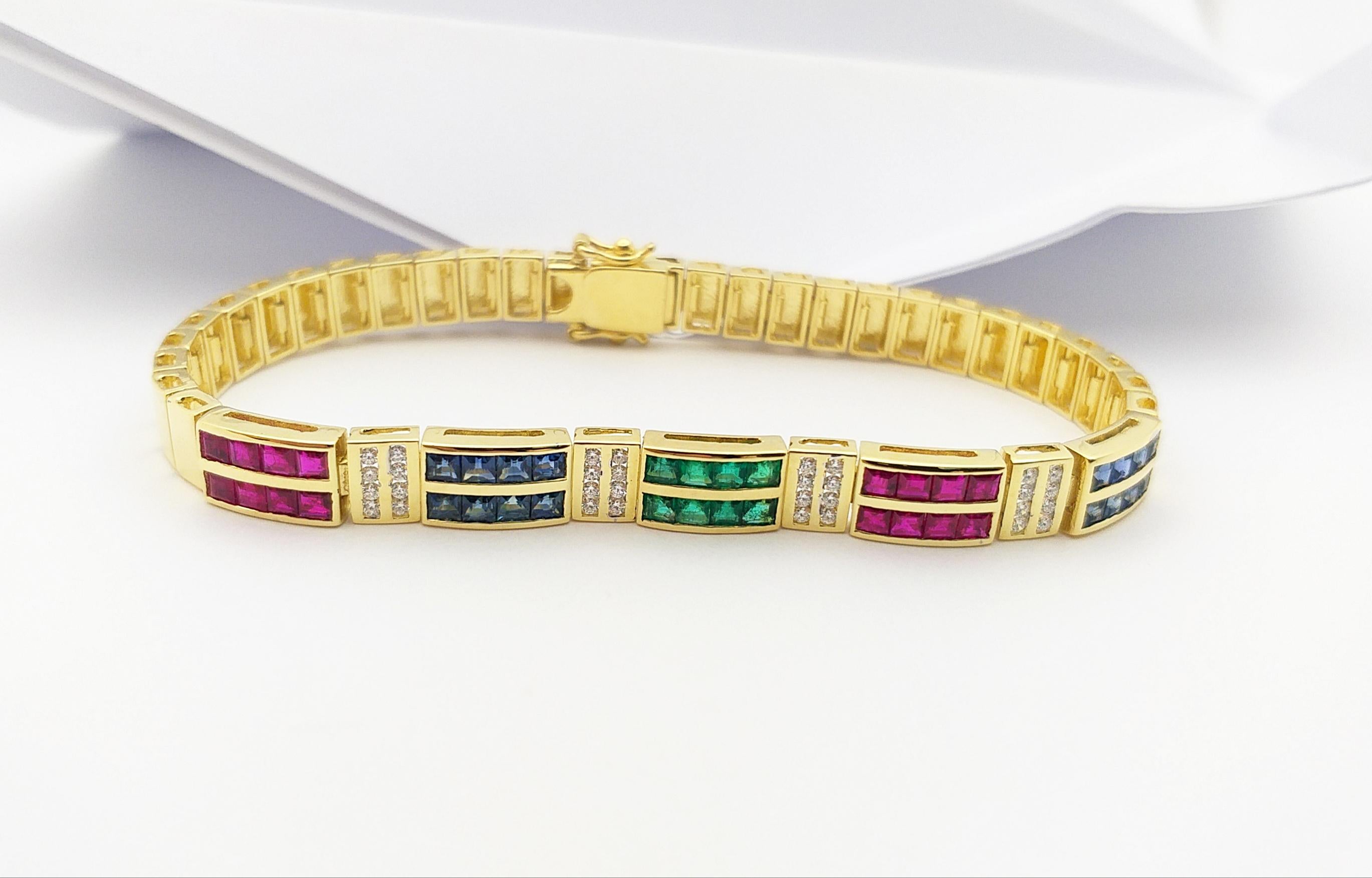 Blue Sapphire, Emerald, Ruby and Diamond Bracelet Set in 18 Karat Gold Settings For Sale 14