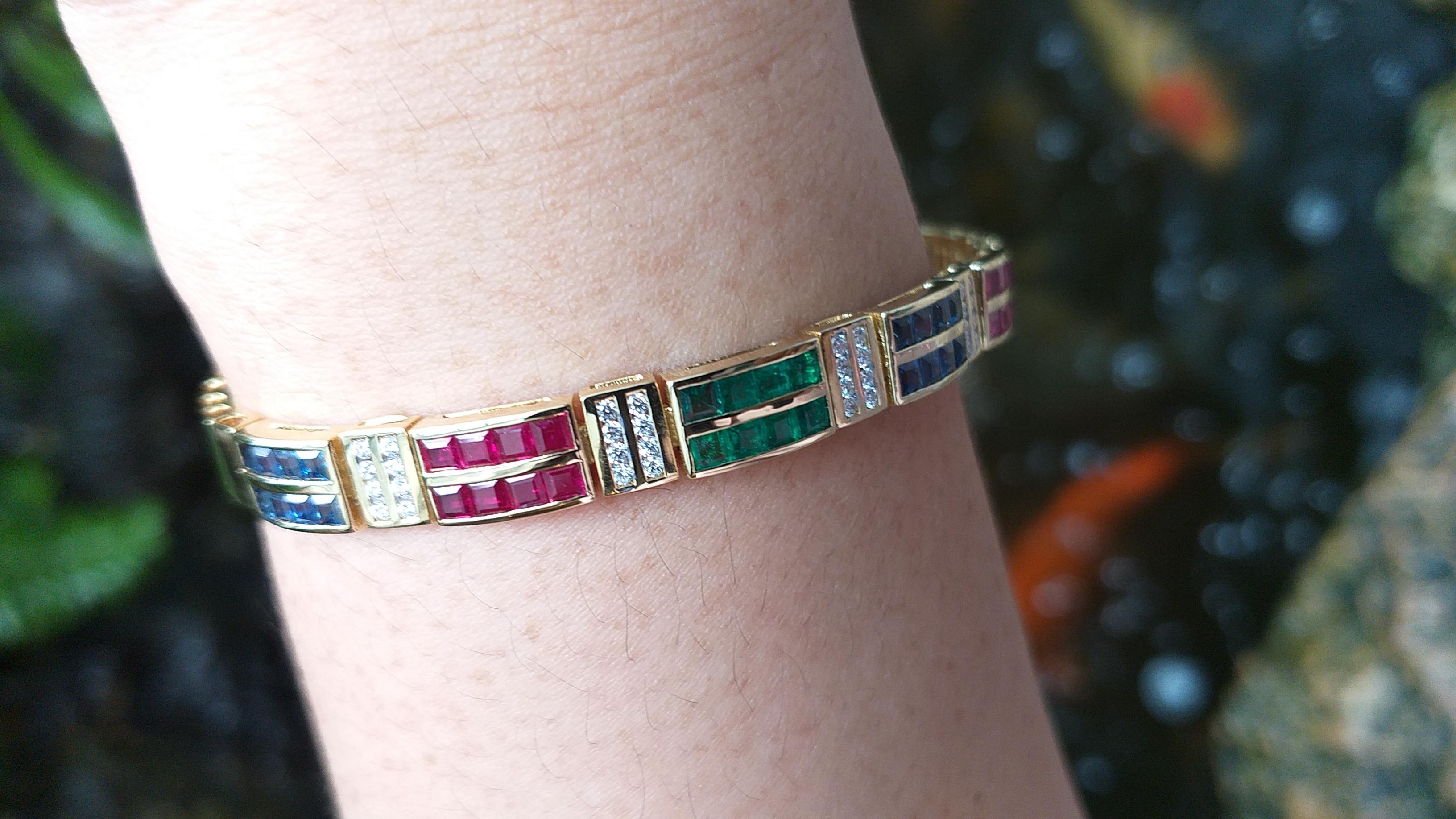 Blue Sapphire, Emerald, Ruby and Diamond Bracelet Set in 18 Karat Gold Settings For Sale 2