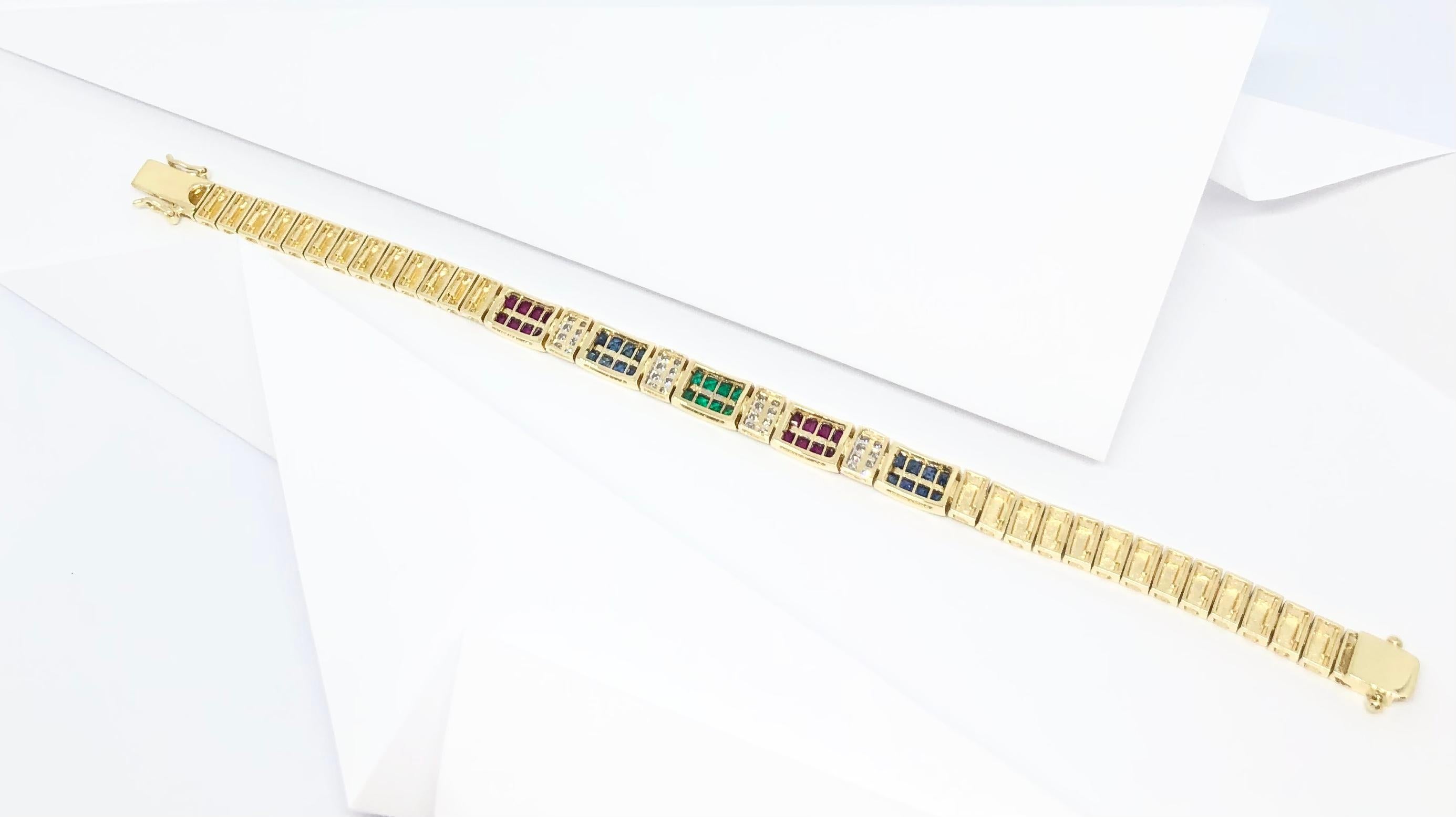 Blue Sapphire, Emerald, Ruby and Diamond Bracelet Set in 18 Karat Gold Settings For Sale 3