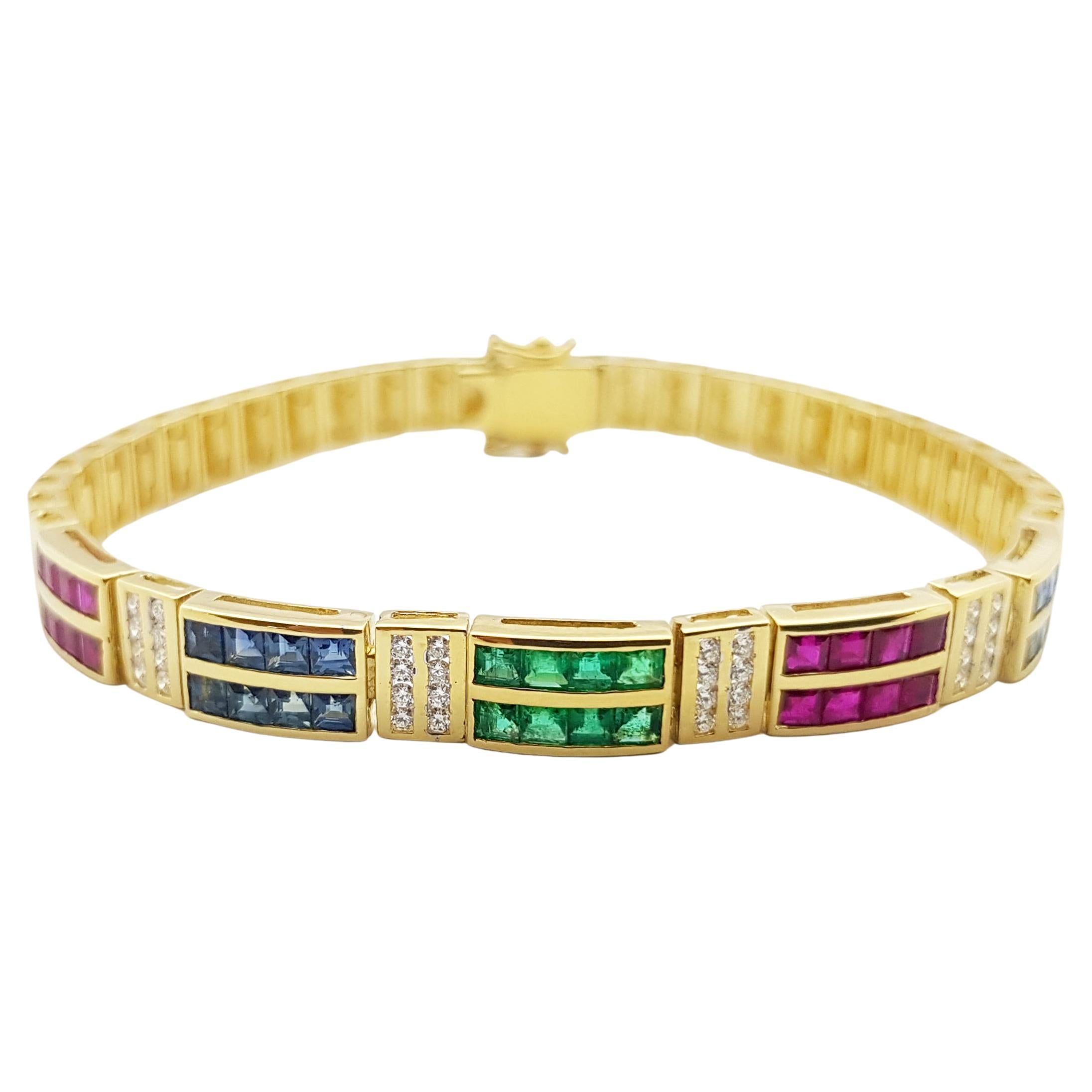 Blue Sapphire, Emerald, Ruby and Diamond Bracelet Set in 18 Karat Gold Settings For Sale