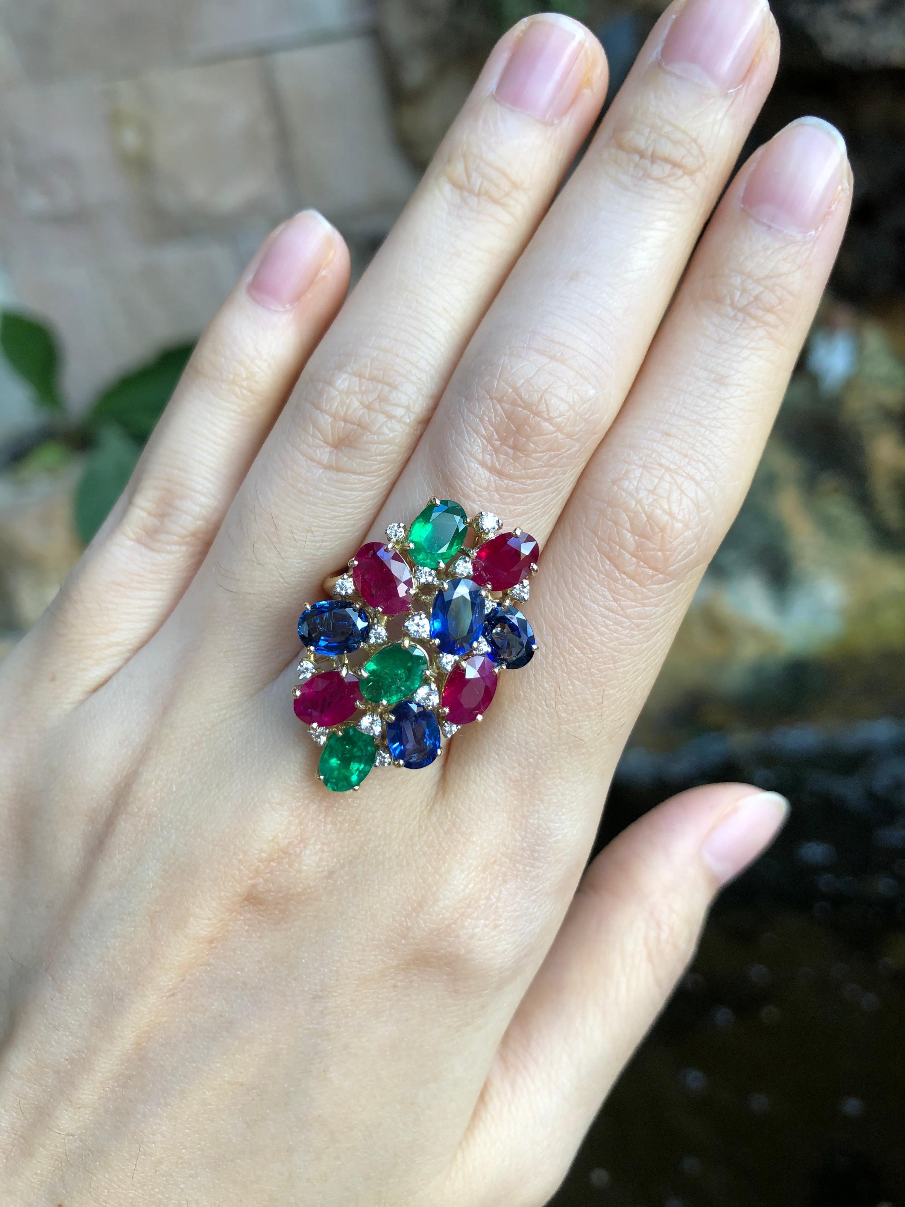 Blue Sapphire 3.74 carats, Ruby 3.05 carats, Emerald 1.67 carats with Diamond 0.26 carat Ring set in 18 Karat White Gold Settings

Width:  2.3 cm 
Length: 3.1 cm
Ring Size: 53
Total Weight: 9.18 grams

