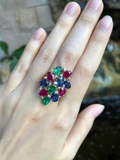 Blue Sapphire, Emerald, Ruby and Diamond Ring Set in 18 Karat Gold Setting