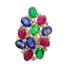 Blue Sapphire, Emerald, Ruby and Diamond Ring Set in 18 Karat White Gold Setting