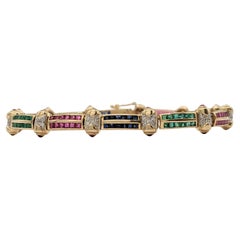 Blue Sapphire, Emerald, Ruby and White Diamond Bracelet in 14K Yellow Gold
