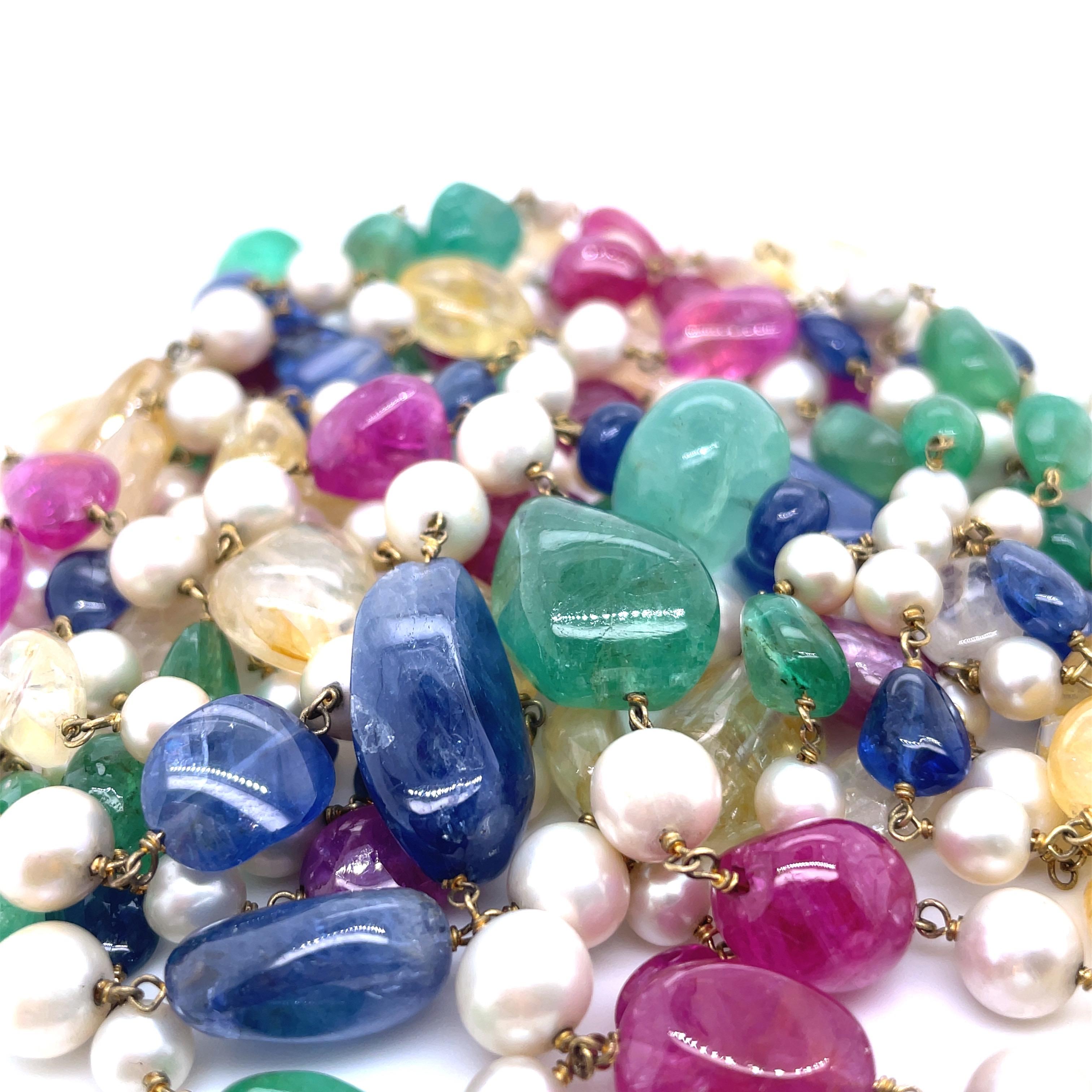 Contemporary Blue Sapphire Emerald Ruby and Yellow Sapphire Ctw 811 Multi-Strand Beaded Neckl For Sale